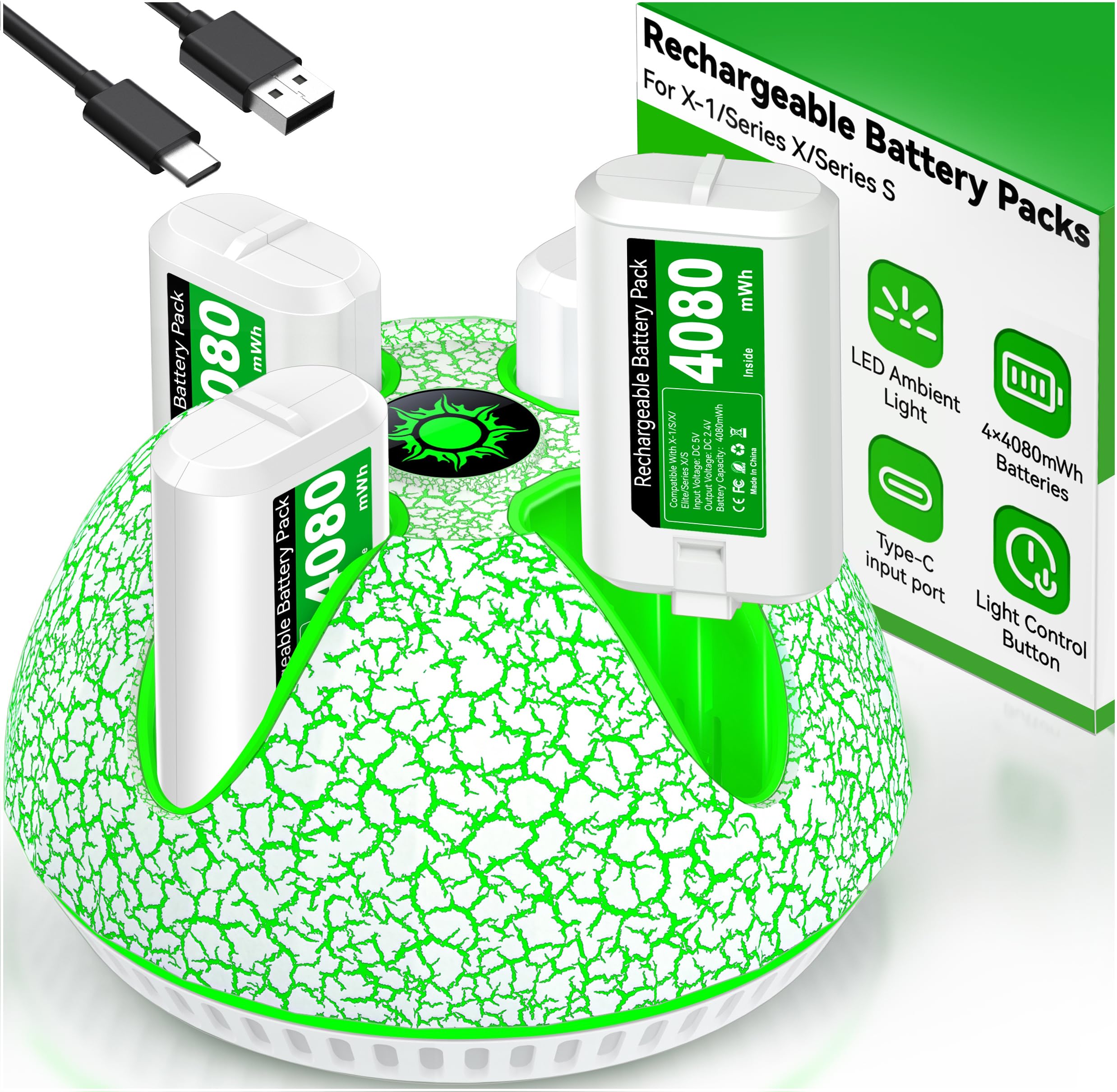 4 X 4080mWh Bateria para Mando Xbox Series X, Bateria para Mando Xbox con luz ambiental/15 Horas de Tiempo de reproducción, Batería para Mando Xbox Compatible con Xbox Series X/S, Xbox One S/X/Elite