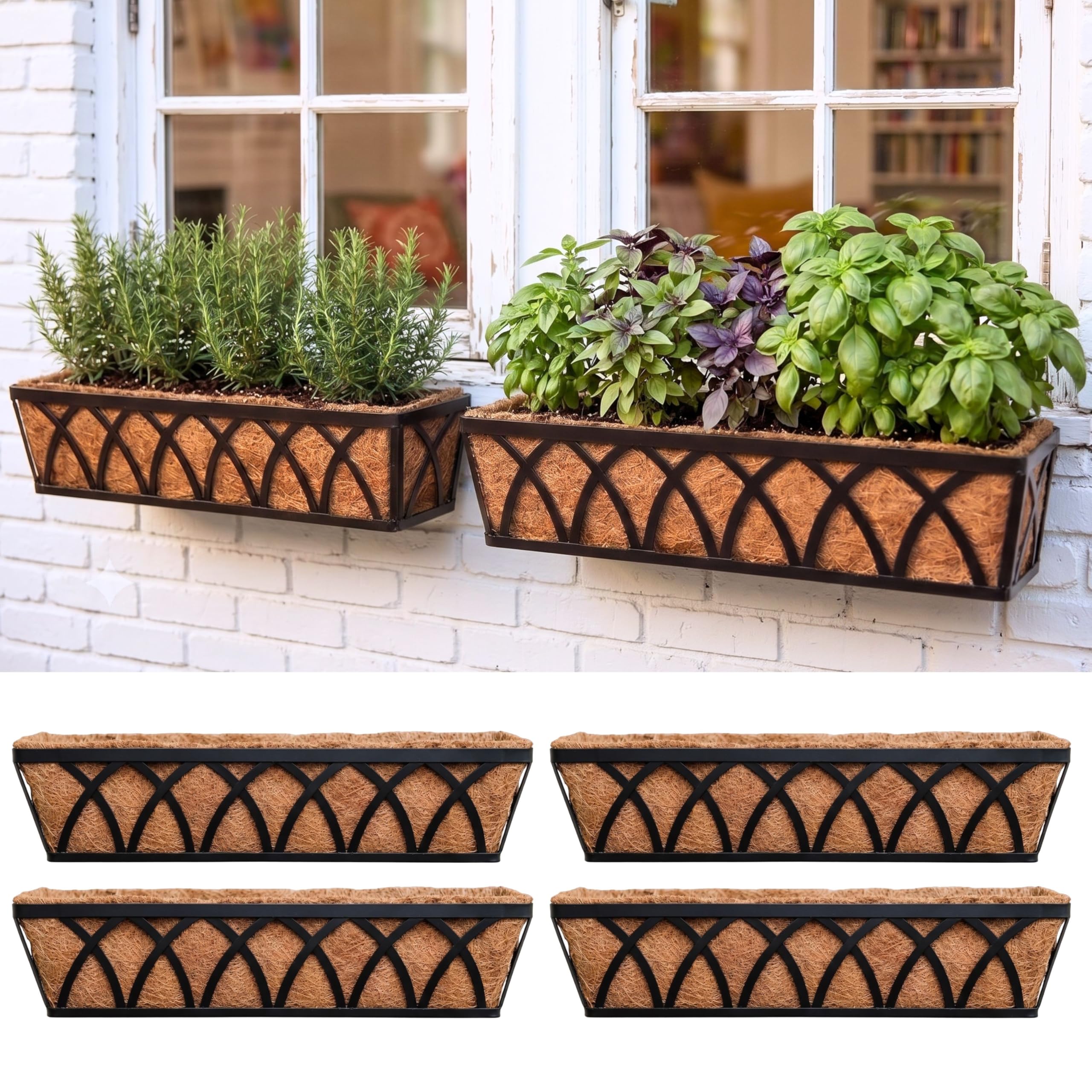 LáLáGreen Jardineras para Barandilla 4 Pack, 76 cm, Cajas Grandes para Plantas de Exterior con Forro de Coco, Maceteros de Metal para Balcón, Valla, Terraza y Patio