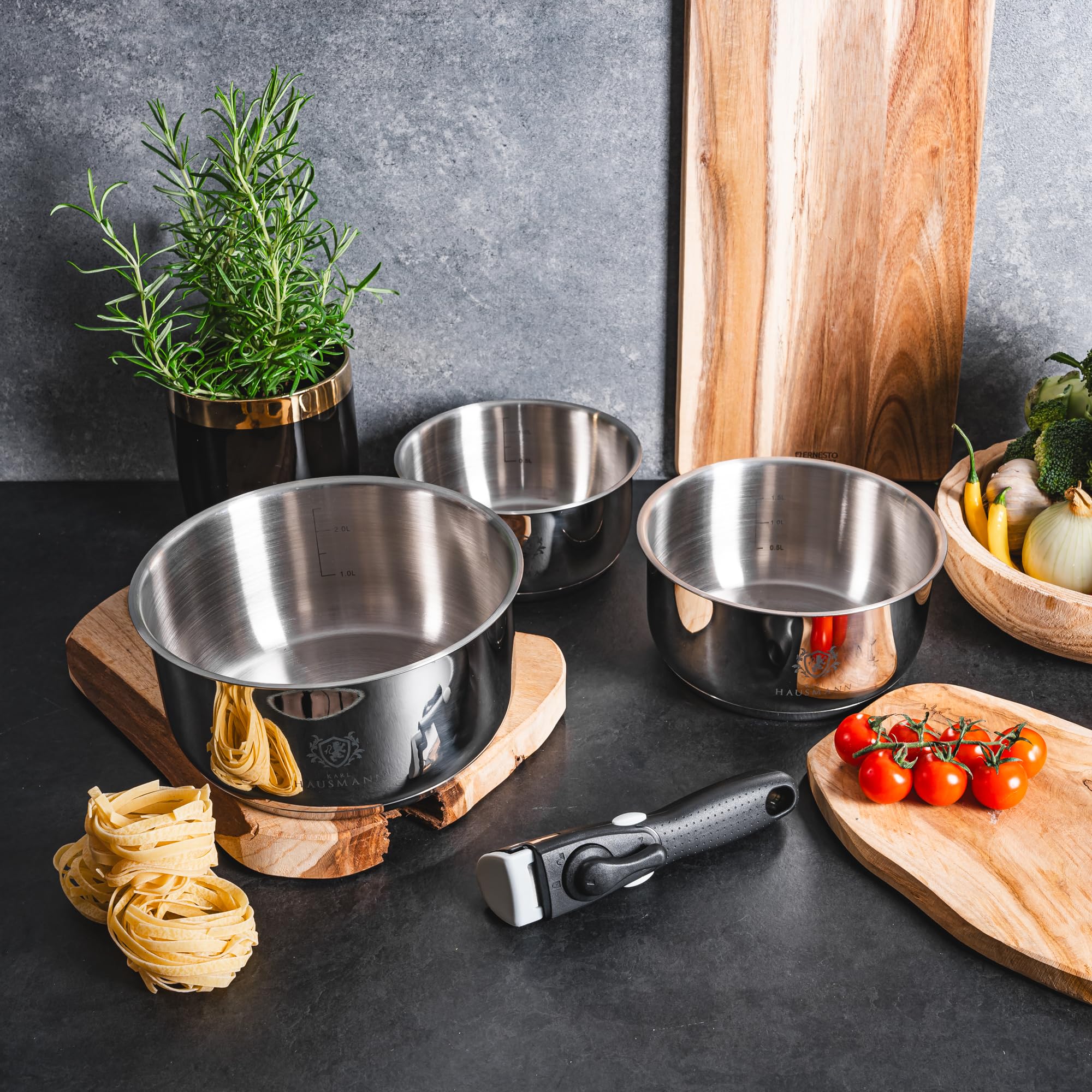 KARL HAUSMANN Juego de Ollas de Acero Inoxidable para Induccion - Set de 3 Batería Cocina con Mango Extraible, Fondo Multicapa, Apto para Gas y Vitrocerámica - Antiadherentes Cazos