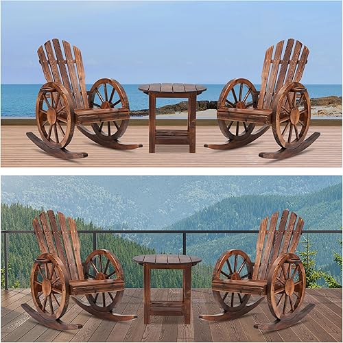 Miniatura 4 de Spurgehom Juego de 3 sillas mecedoras de madera para exteriores, 2 mecedoras deslizantes para decoración de patio con 1 mesa auxiliar, mecedora