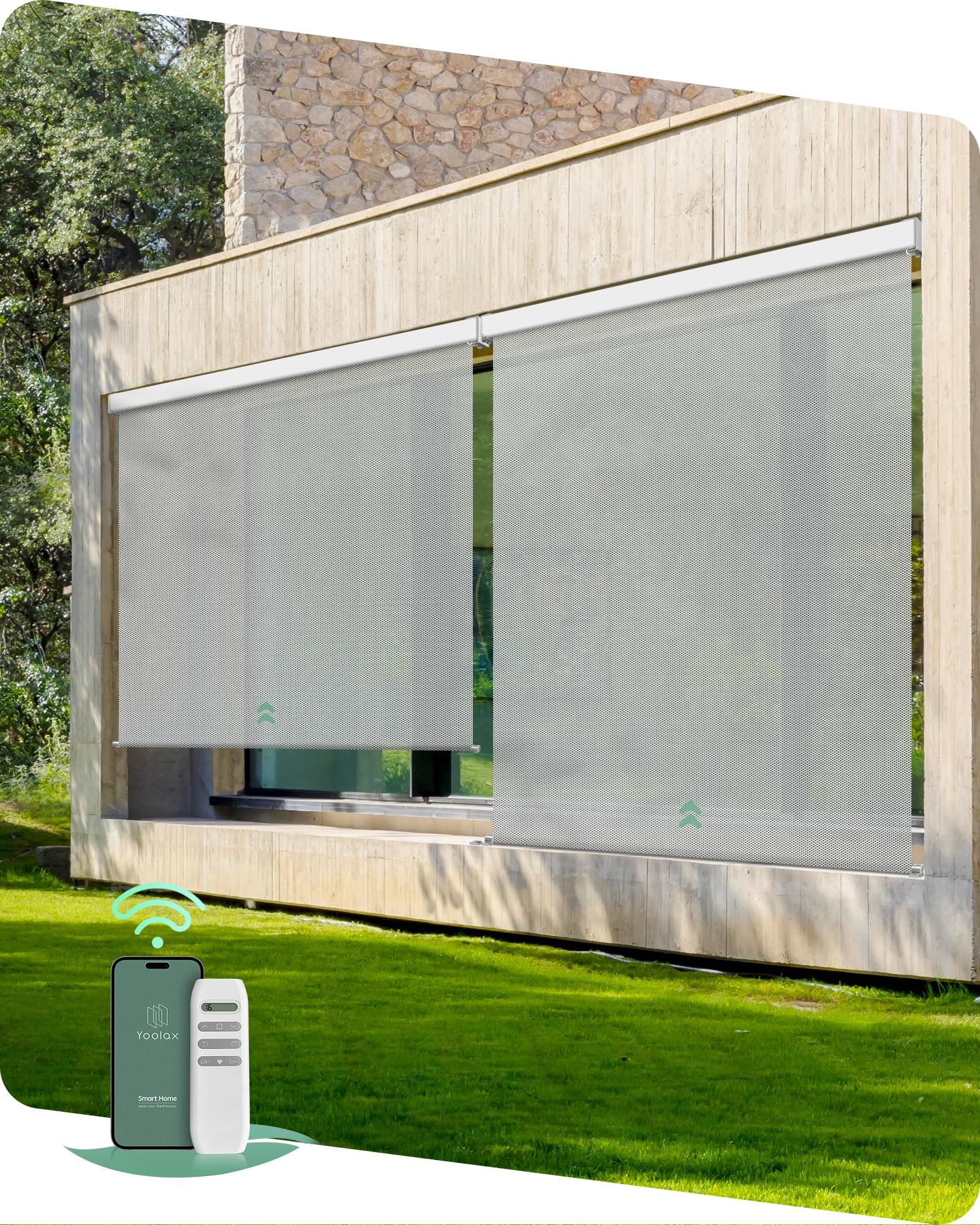 Yoolax Motorized Outdoor Shades Smart Retractable Patio Screens Compatible with Alexa Google, Remote Control Blinds for Porch Patio Waterproof Roller Shades 5X8ft (3% Openness Paine Grey)
