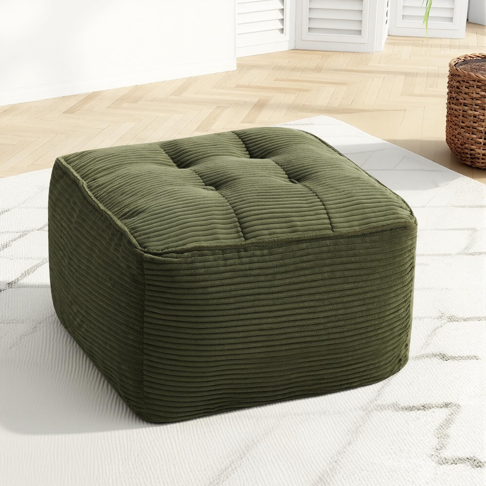 Square Stuffed Pouf Ottoman, Corduroy Oversize Foot Rest,Green