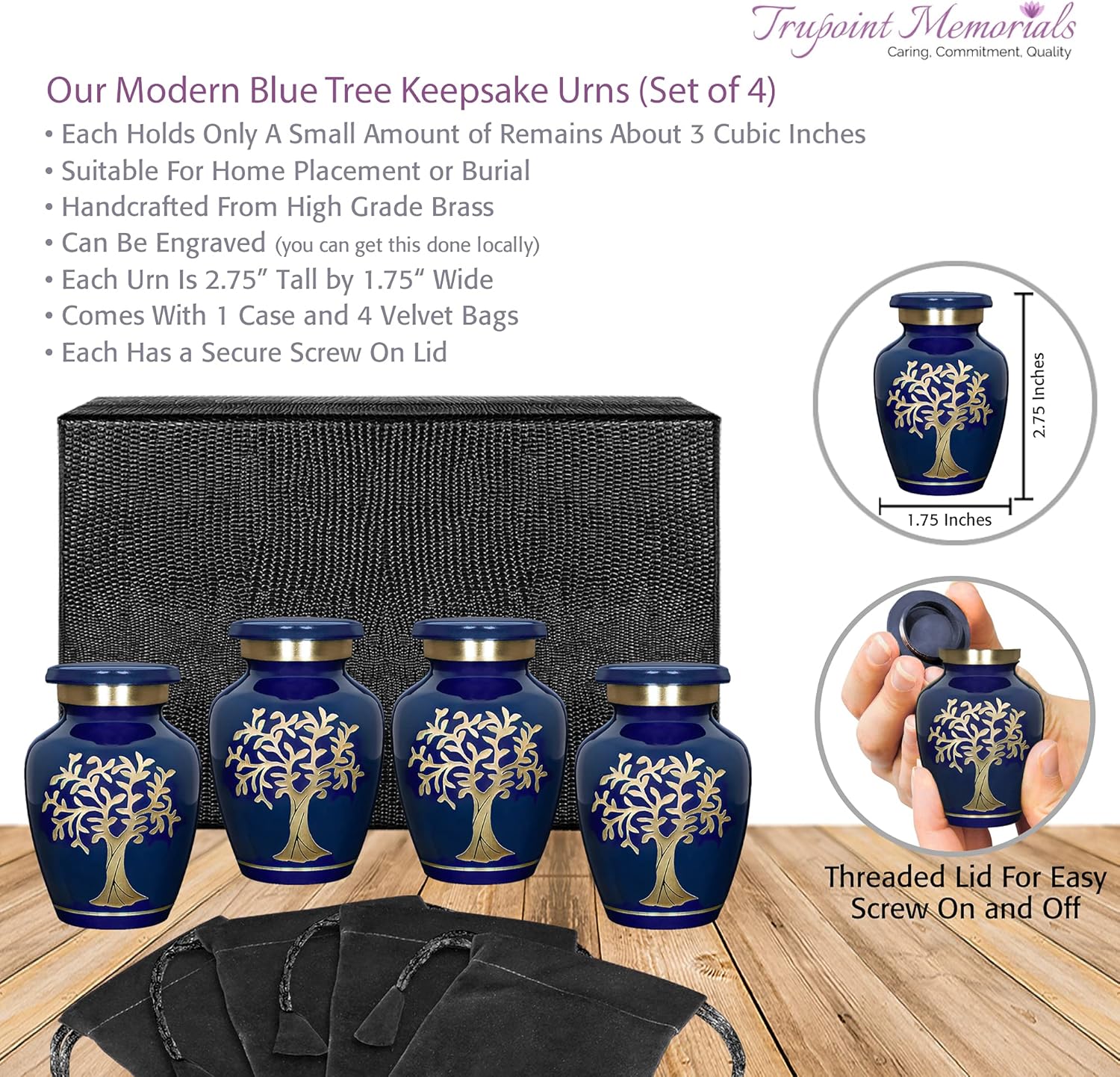 Trupoint Memorials Cremation Urns for Adult - Holds 0.75 Lbs. Per Mini Urn, 2.75" x 1.75" Mini Cremation Urns, Keepsake Burial Urns with Case & Bags - Blue Tree of Life.