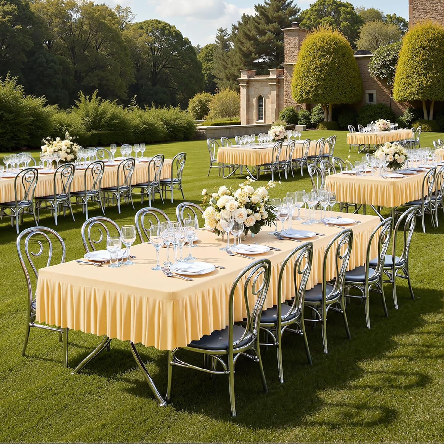 Wish Care 2 Pack Champagne Spandex Table Clothes for 6 Foot Rectangle Tables Wrinkle Free Stretch Fitted Tablecloths 6ft Pleated Ruffle Elastic Table Cover Skirt for Wedding Birthday Banquet Party