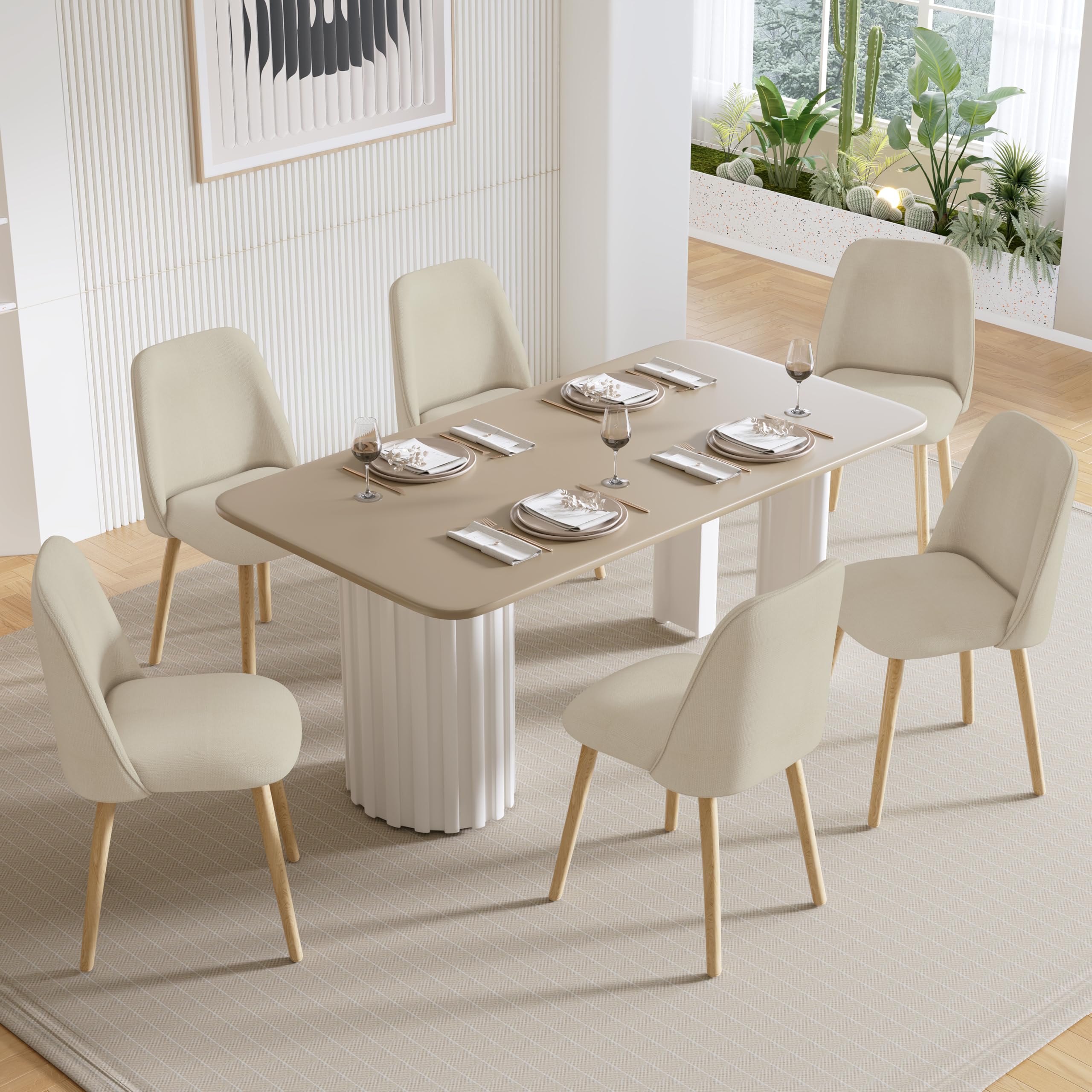 Lot de 4 Chaises de Salle à Manger Beige avec Pieds en Bois, Chaise Cuisine Rembourrée en Lin, Chaise Fauteuil pour Salle à Manger Salon Cuisine Bureau