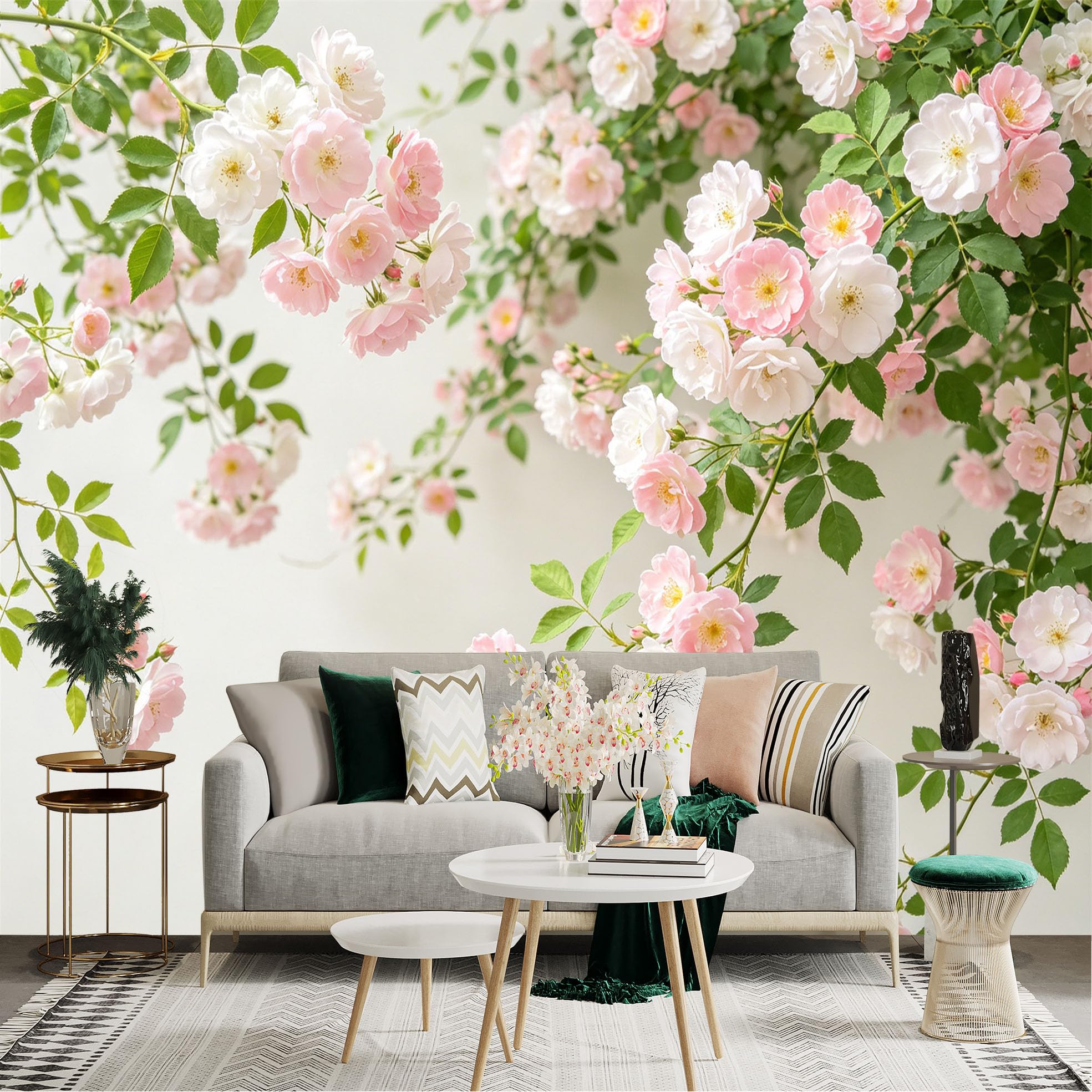 Lnzczhyre Dbh260521049 Custom Size Wall Sticker Mural， Soft Pink Rose Blossom， Delicate Floral Branches， Romantic Garden Style， Springtime Flower Decor， For Wall Decoration， Peelandstick Wall Decals.