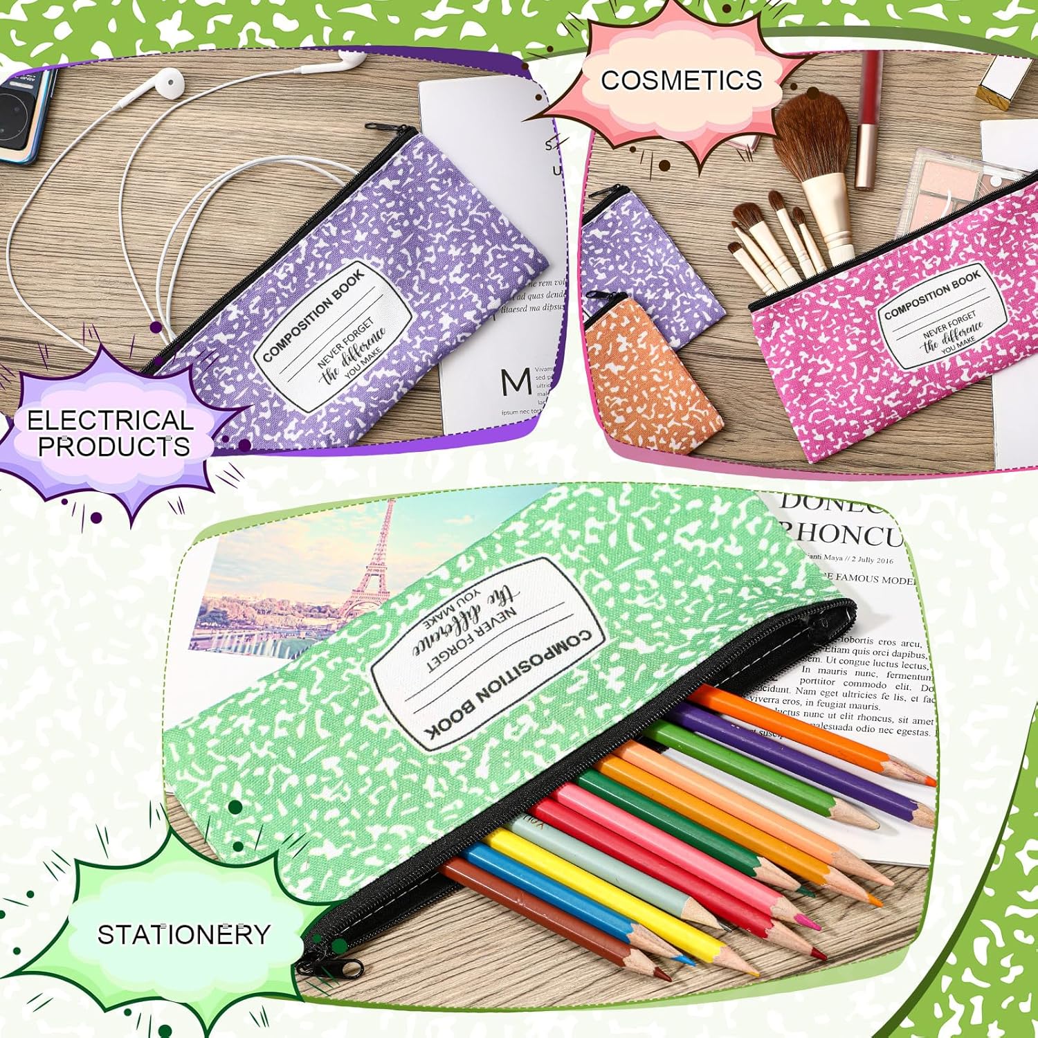 Epakh 30 Pcs Pencil Case Pouch 8.7 x 3.9 Inches Composition Book Back to School Gifts Portable Pencil Bag with Zipper Multipurpose Cute Pen Pouch for Stationery Organizer Teachers (Classic)