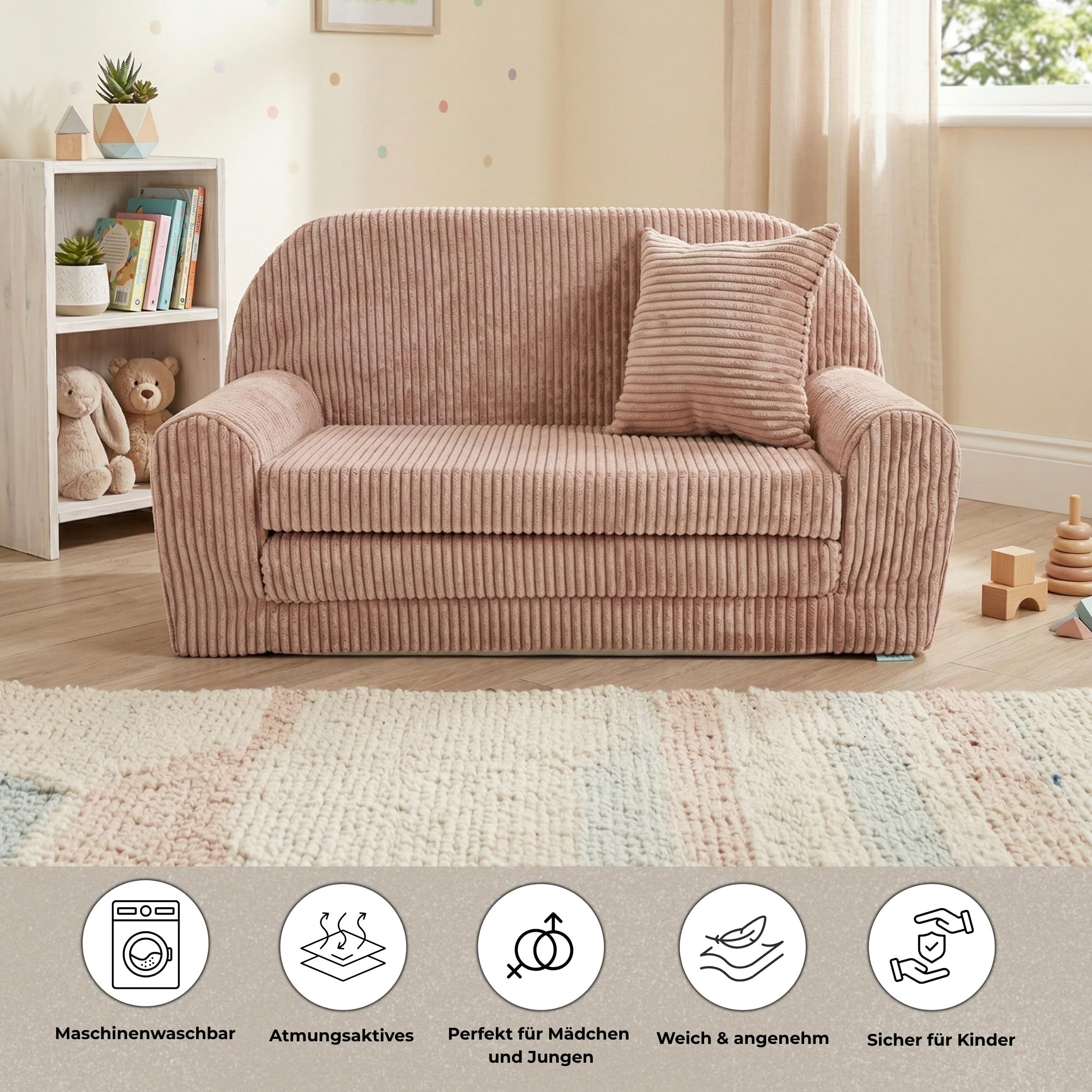 FORTISLINE Kindersofa ausklappbar 78x45x40 cm - Kindercouch aus Cord mit Liegefläche 104 cm, Mini Sofa für Kinderzimmer, Abnehmbarer waschbarer Bezug, Oeko-TEX Standard 100