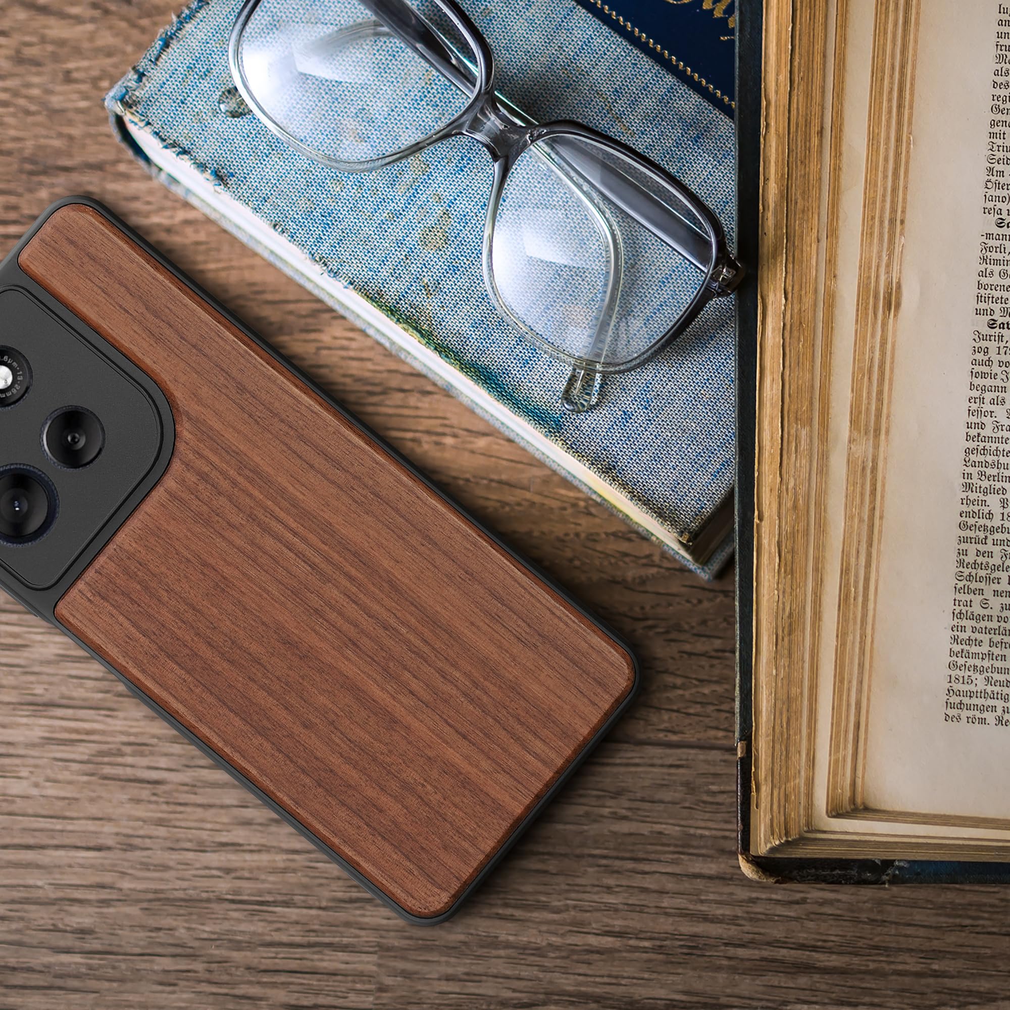 Handyhülle Aus Holz Für Motorola Moto G54 5G – Vintage-Kompass-Design Mit TPU-Rahmen | Dunkelbraun