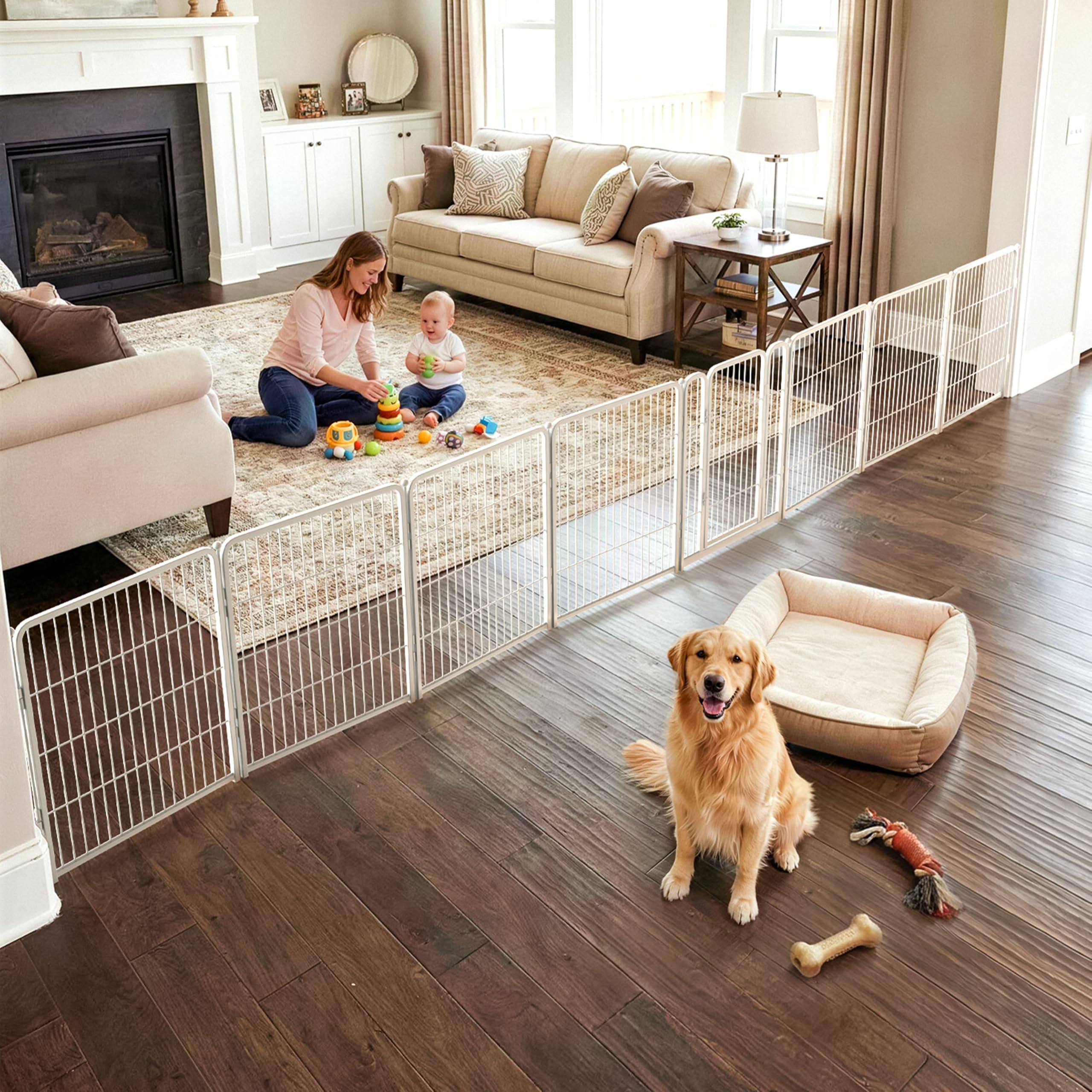FXW Dog Gate Extra Wide Designed for Indoor Use, Adjustable Width Up to 219-inch Wide (32" H 8 Wire Panels for Small and Medium Dogs), White