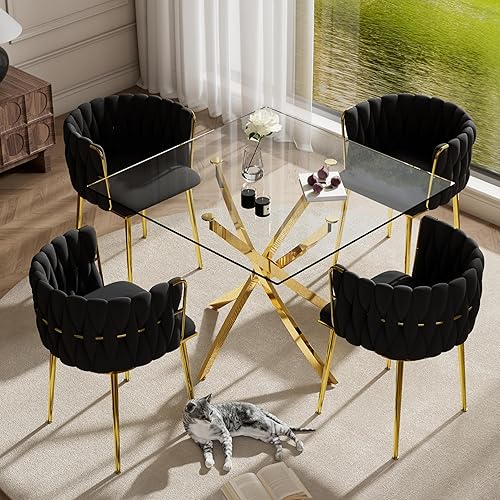 Miniatura 2 de Juego de mesa de comedor de cristal dorado de lujo para 4, juego de comedor cuadrado de 5 piezas con parte superior de vidrio transparente, juego de