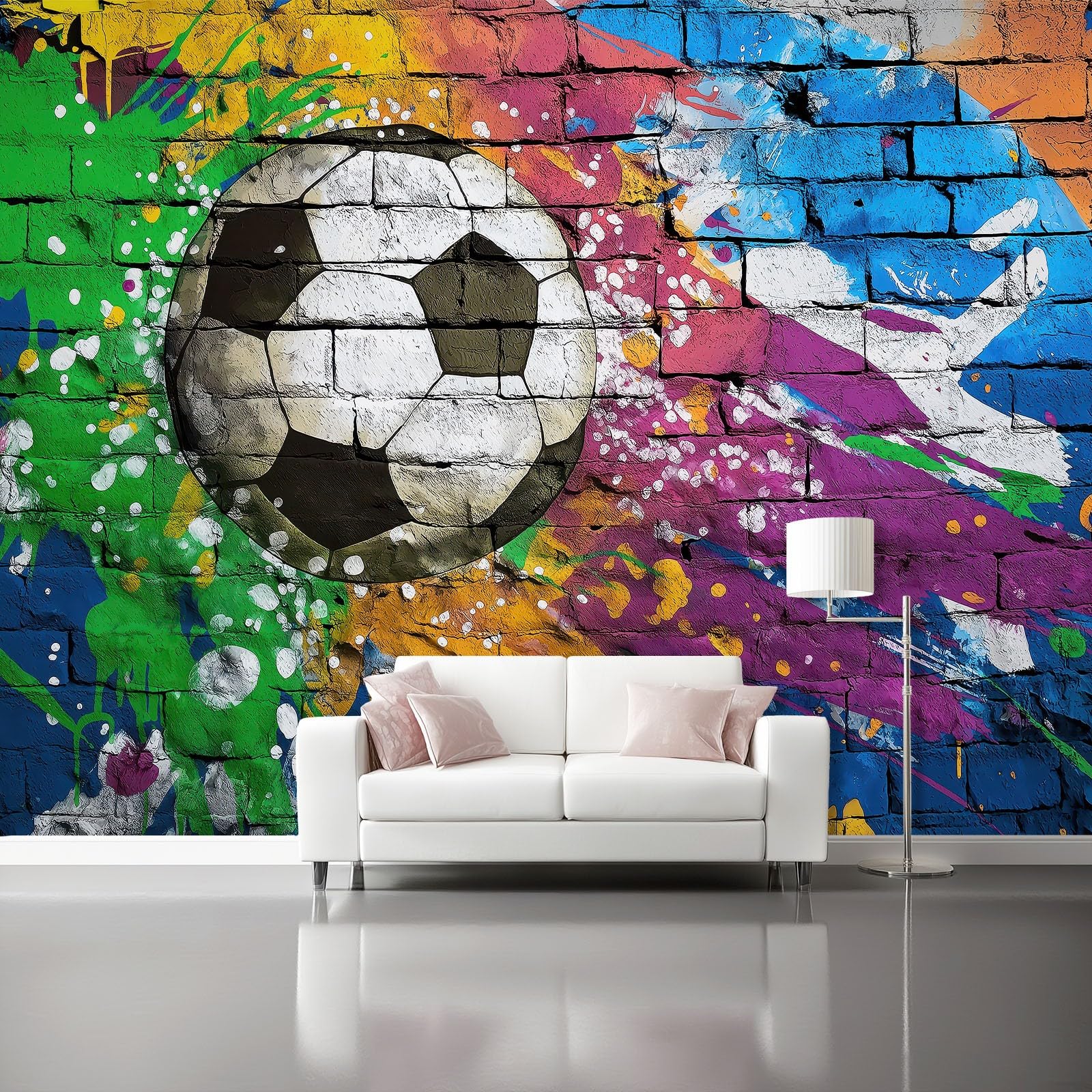 Fototapeta 400 x 280 cm, tapeta sportowa, sztuka uliczna, malowana ściana z cegły i piłka nożna, dekoracja ścienna, tapeta ścienna, do pokoju zabaw