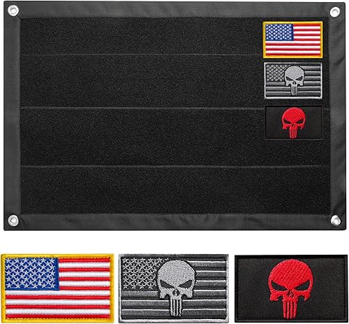 Bluyellow Tablero de parche de velcro de 15.7 x 23.6 pulgadas con bandera de Estados Unidos, parches de calavera blanca y roja, pantalla de parche