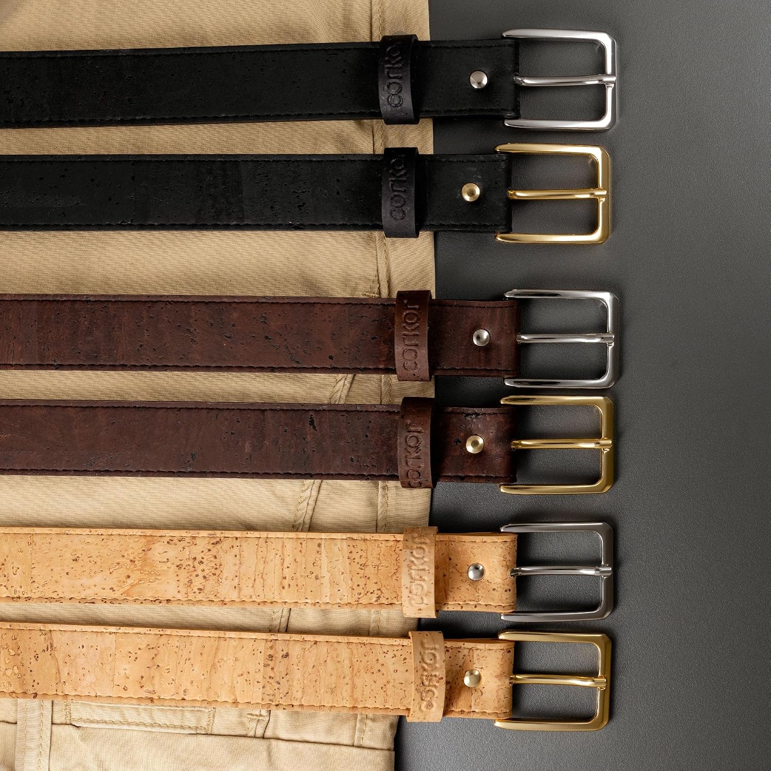 Corkor Women's Cork Belt 1 1/8" – Brown & Black Strap with Silver & Gold Nickel-Free Buckle, Vegan Leather Alternative
