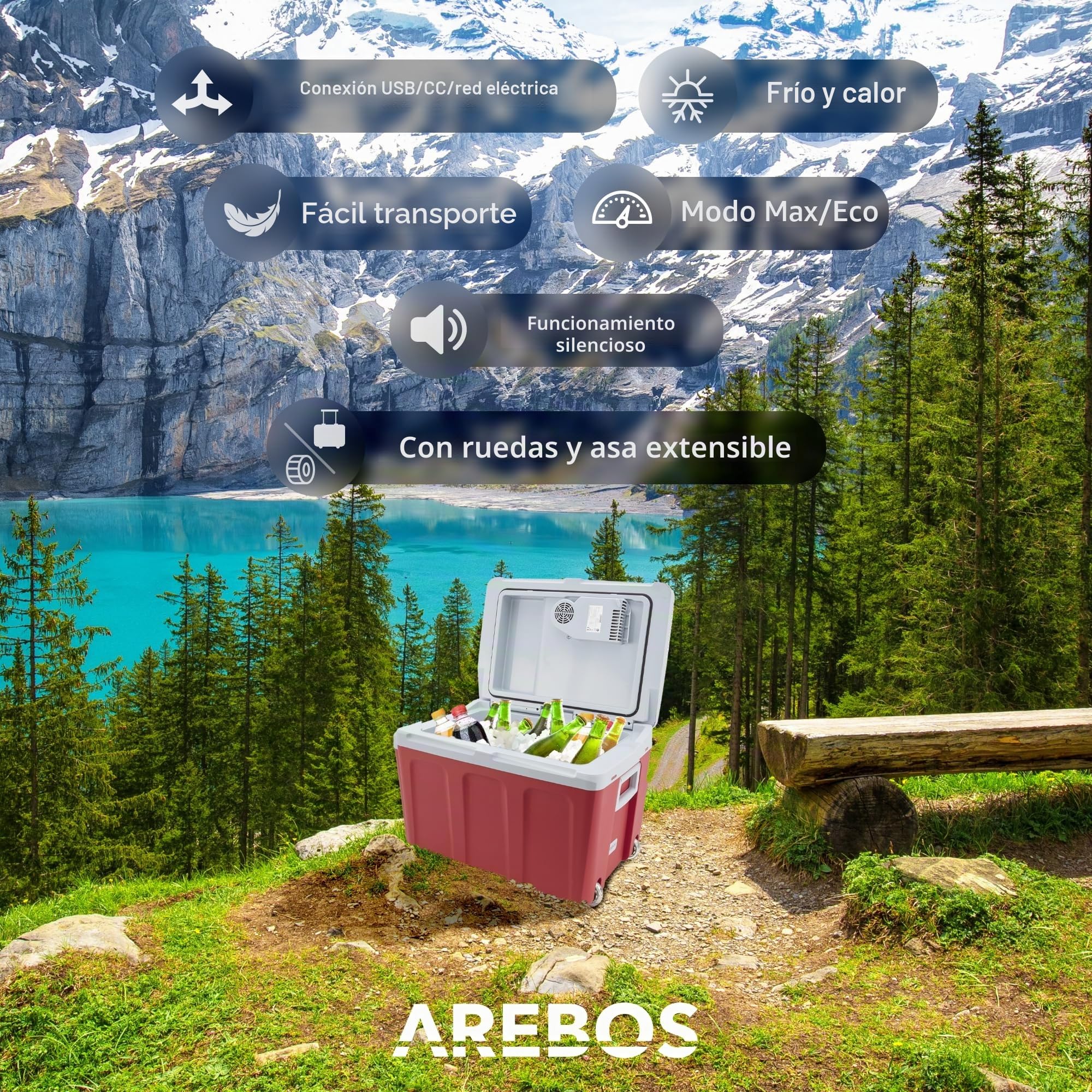 Arebos Nevera Termoeléctrica Portátil 40L | 12/230V con Modo Eco y Función Congelador | Nevera para Coche, Camping, Viajes y Hogar | Silenciosa y Eficiente Energéticamente