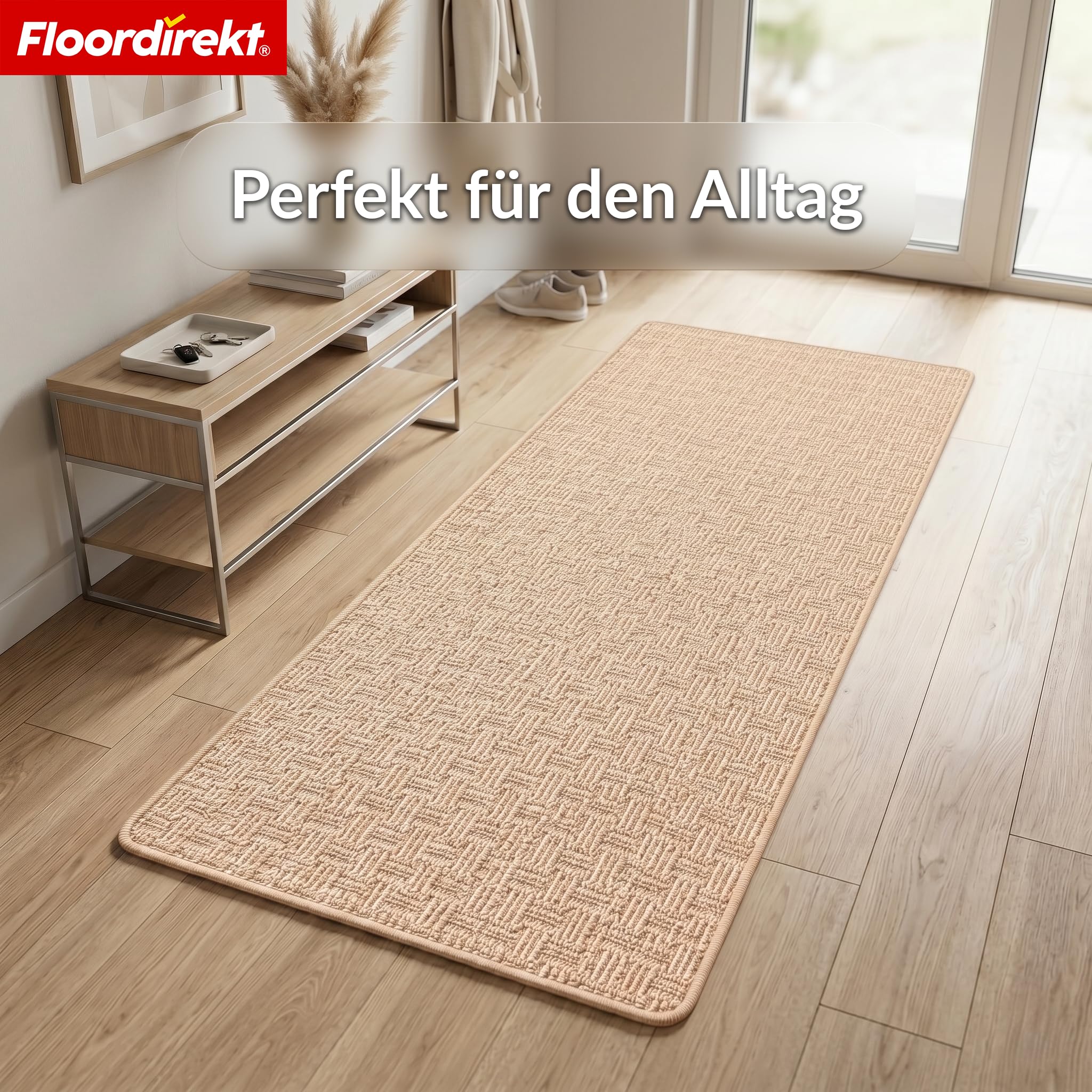 Floordirekt Teppichläufer Monaco Beige 80x400 cm - Läufer für Küche, Flur & Wohnraum - Feinschlingen Teppich - rutschfest & Antistatisch