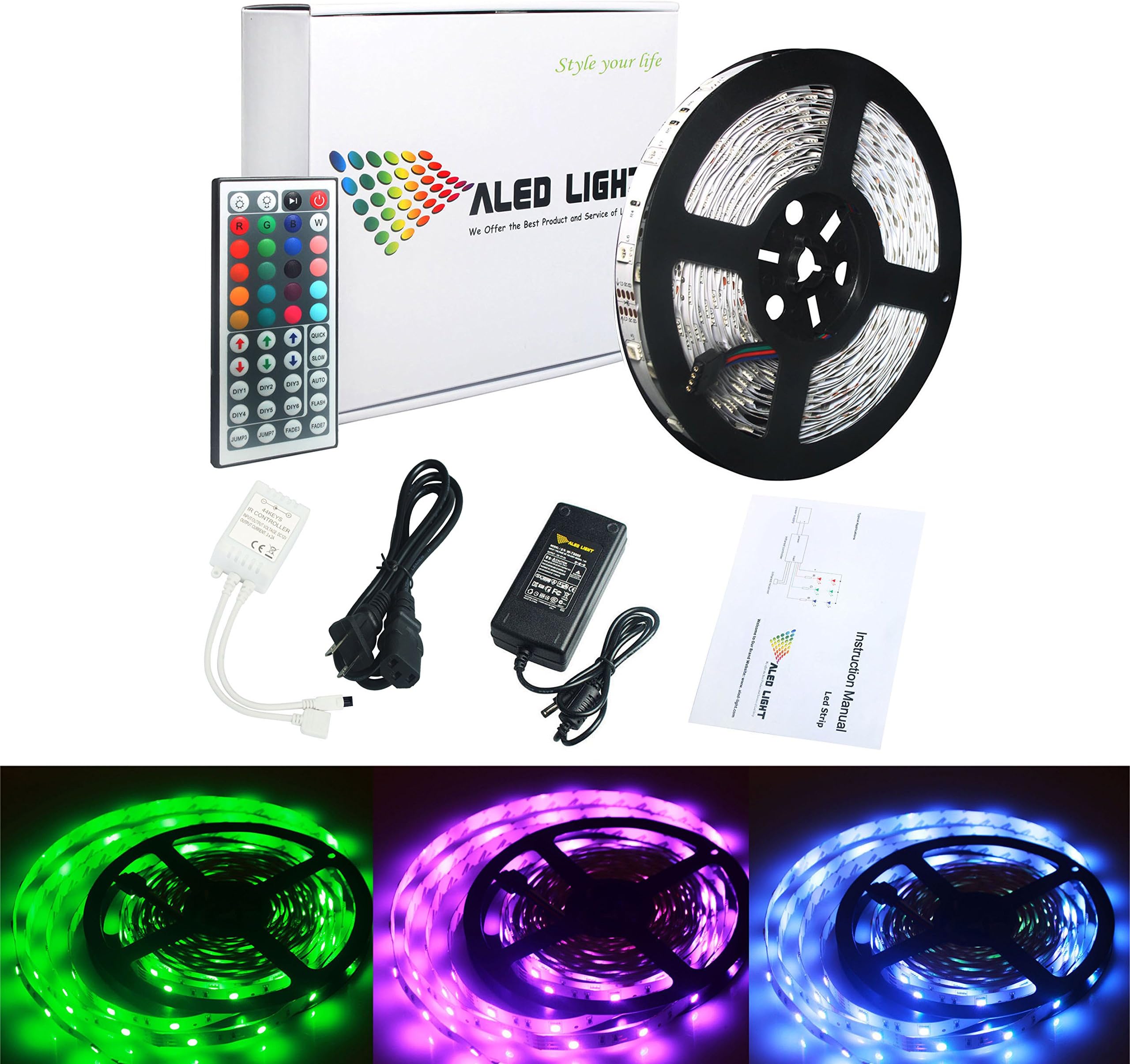 ALED LIGHT LED Strip, 32.8ft 10M SMD 5050 300leds RGB Non-Waterproof Flexible Color Changing LED Strip Light Kit 44Key Remote 24V 3A Power Supply Decorative Light for Christmas Home Party