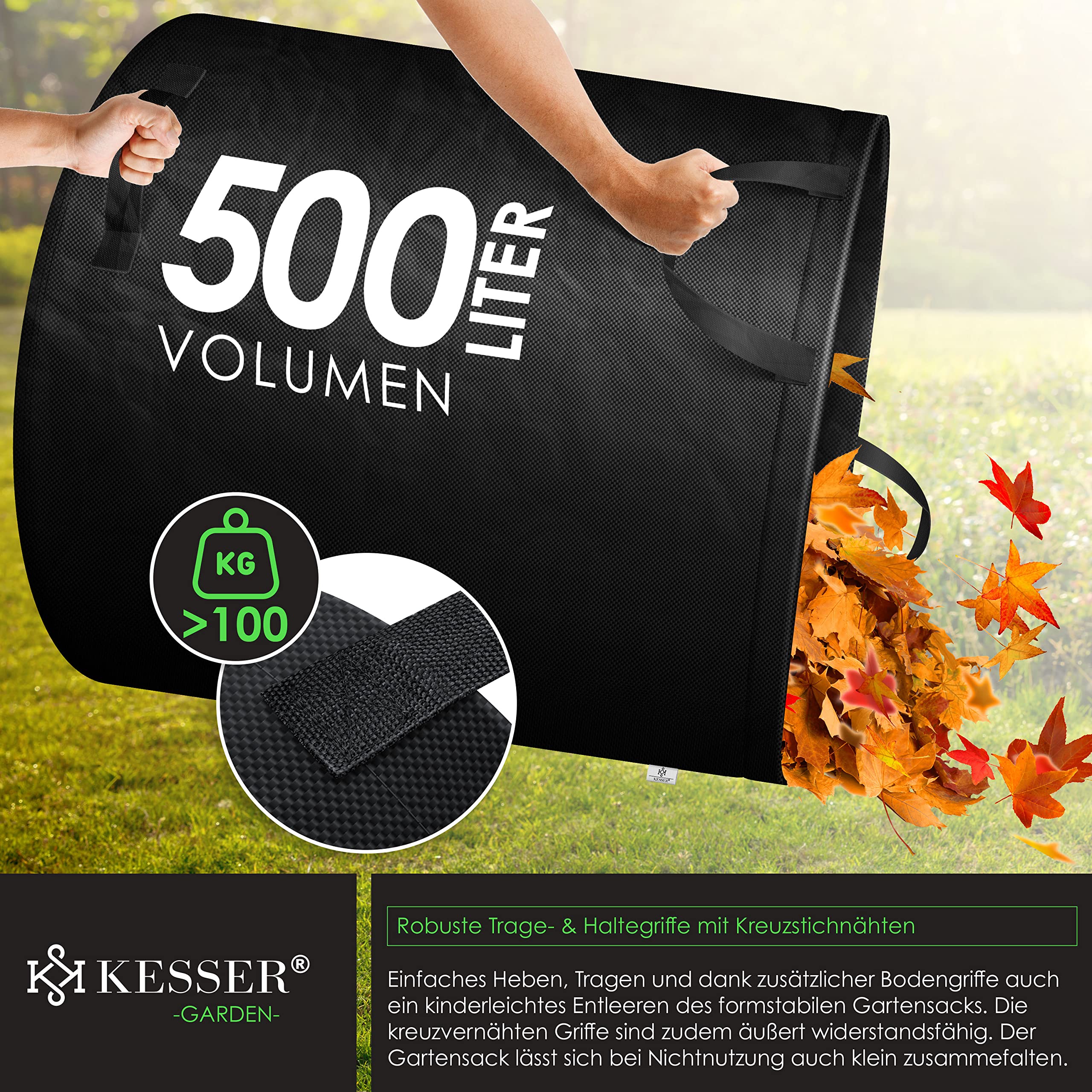 KESSER® Gartensack 2x 500L Set Laubsack Gartenabfallsack inkl. Handschuhe - Selbststehend 4 Griffe Stabil Robust & Faltbar - Laubsäcke Rasenschnitt für Gartenabfälle Grünschnitt Schwarz