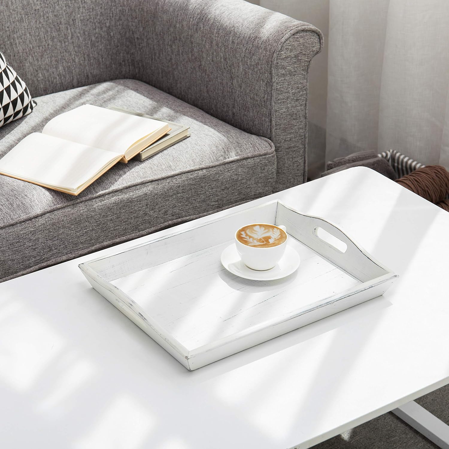 Uр Tо 50% оƒƒ MyGift 16-Inch Vintage White Wood Large Serving Tray with Handles, Rectangular Ottoman Breakfast Tray 🔥 MyGift 16-Inch Vintage White Wood Large Serving Tray with Handles, Rectangular Ottoman Breakfast Tray