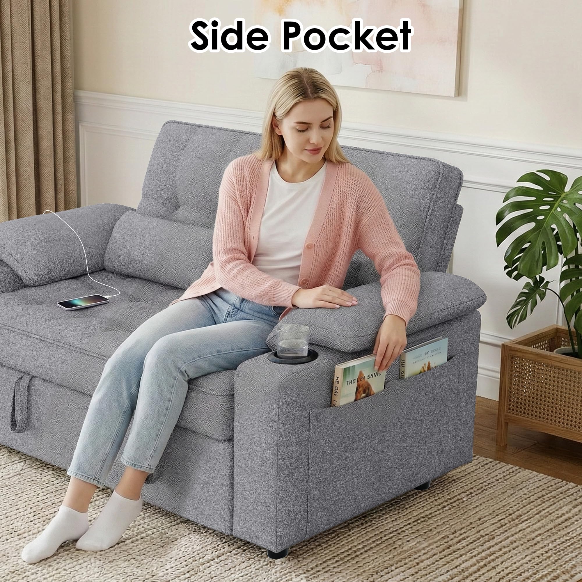 Best Sleeper Sofa Bed Picks for 2026 4 tiramisubest 58'' Convertible Sofa Bed with USB Charger and Cup Holders, Teddy Fabric Loveseat Pull Out Couch with Adjus — product photo