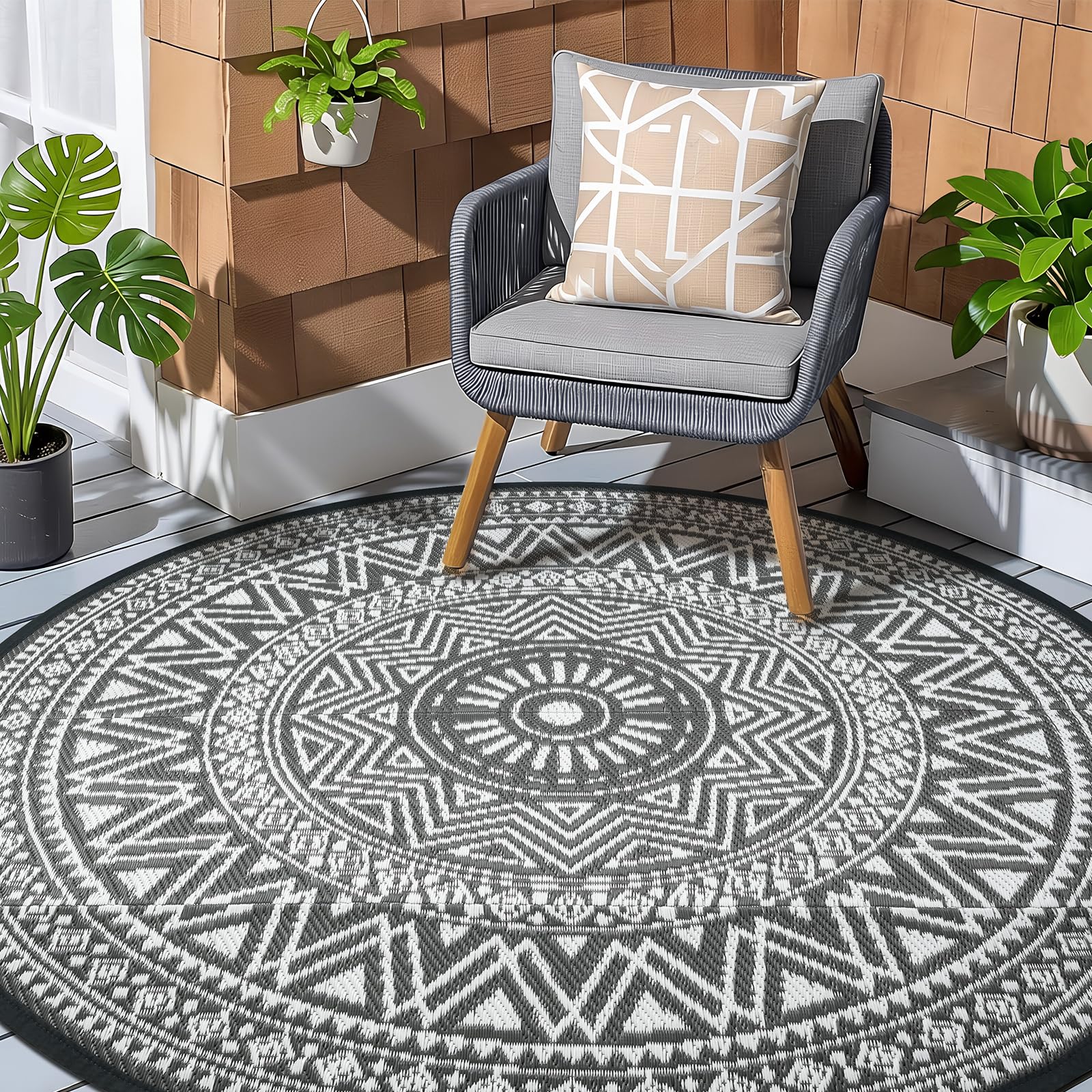 IMIYOKU Outdoor Rug for Patios Waterproof 180cm Round Outdoor Garden Rugs Reversible Boho Mats Lightweight Plastic Outdoor Area Rug for RV, Balcony, Beach, Backyard, Picnic, Porch, Deck, Grey & White