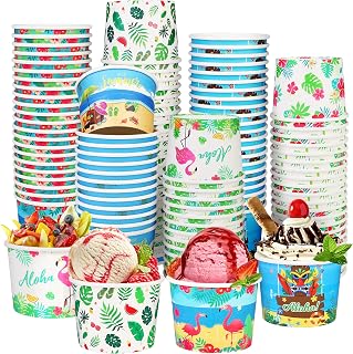 durony 120 Pack Hawaiian Paper Ice Cream Cups 8oz Disposable Dessert Bowls for Hot or Cold Food Tropical Paper Ice Cream Bowls Party Treat Cups for Sundae, Frozen Yogurt, Soup, 6 Styles