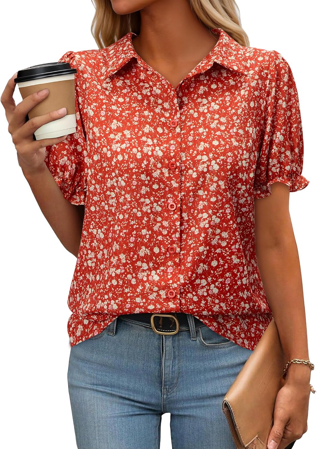 siliteelon Button Down Shirts Short Sleeve Collared Shirts for Women Puff Short Sleeve Collared Casual Spring Summer Ladies