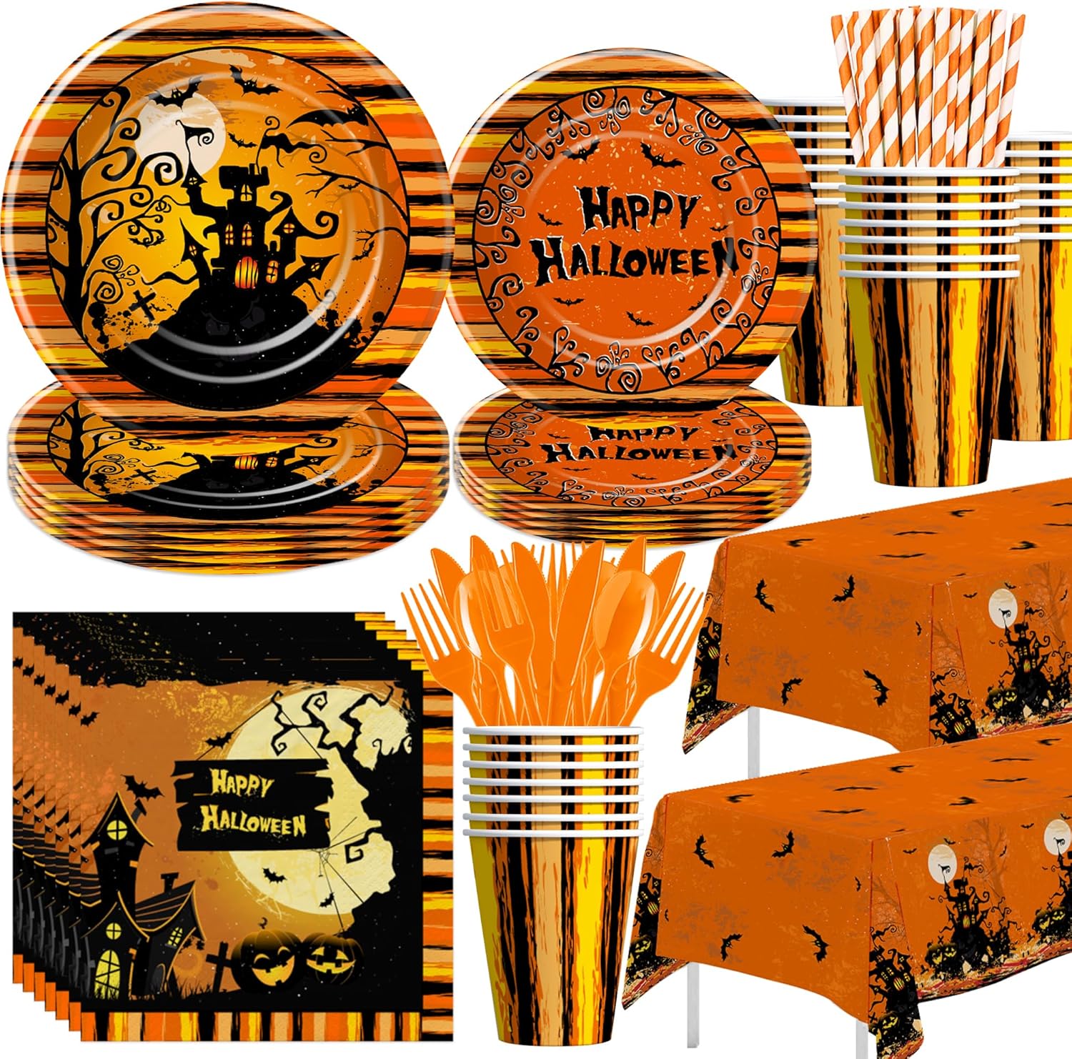 halloween party decorations tableware, halloween party supplies include paper dinner plates, dessert plates, napkins, cups, tablecloth, disposable cutlery, straws, serves 24