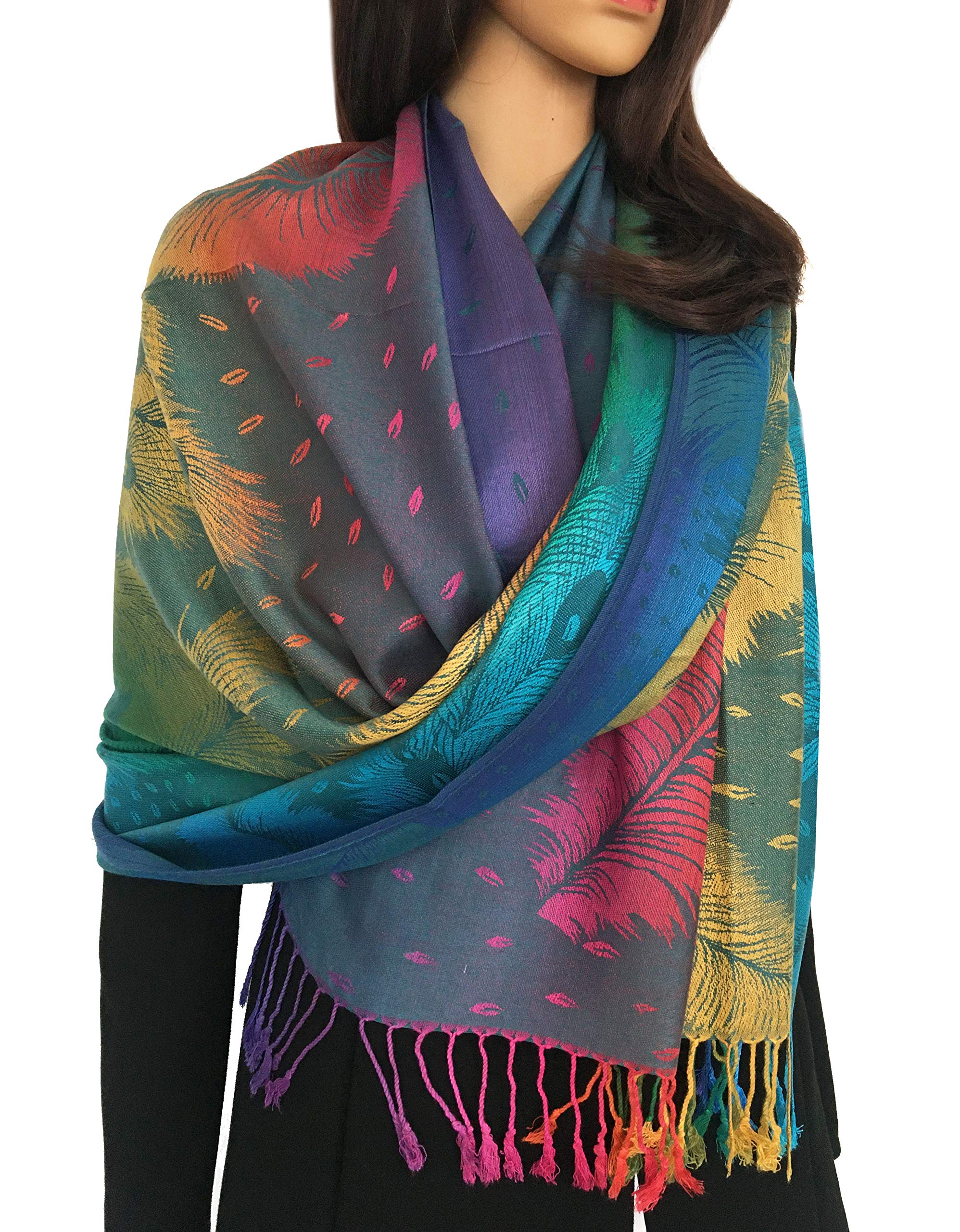 InStyle Bags Women's Large Multicolour Pashmina Shawl, Rainbow Coloured Pashmina Scarf, Multi Colour Paisley Pashmina Scarf (emerald green feather)