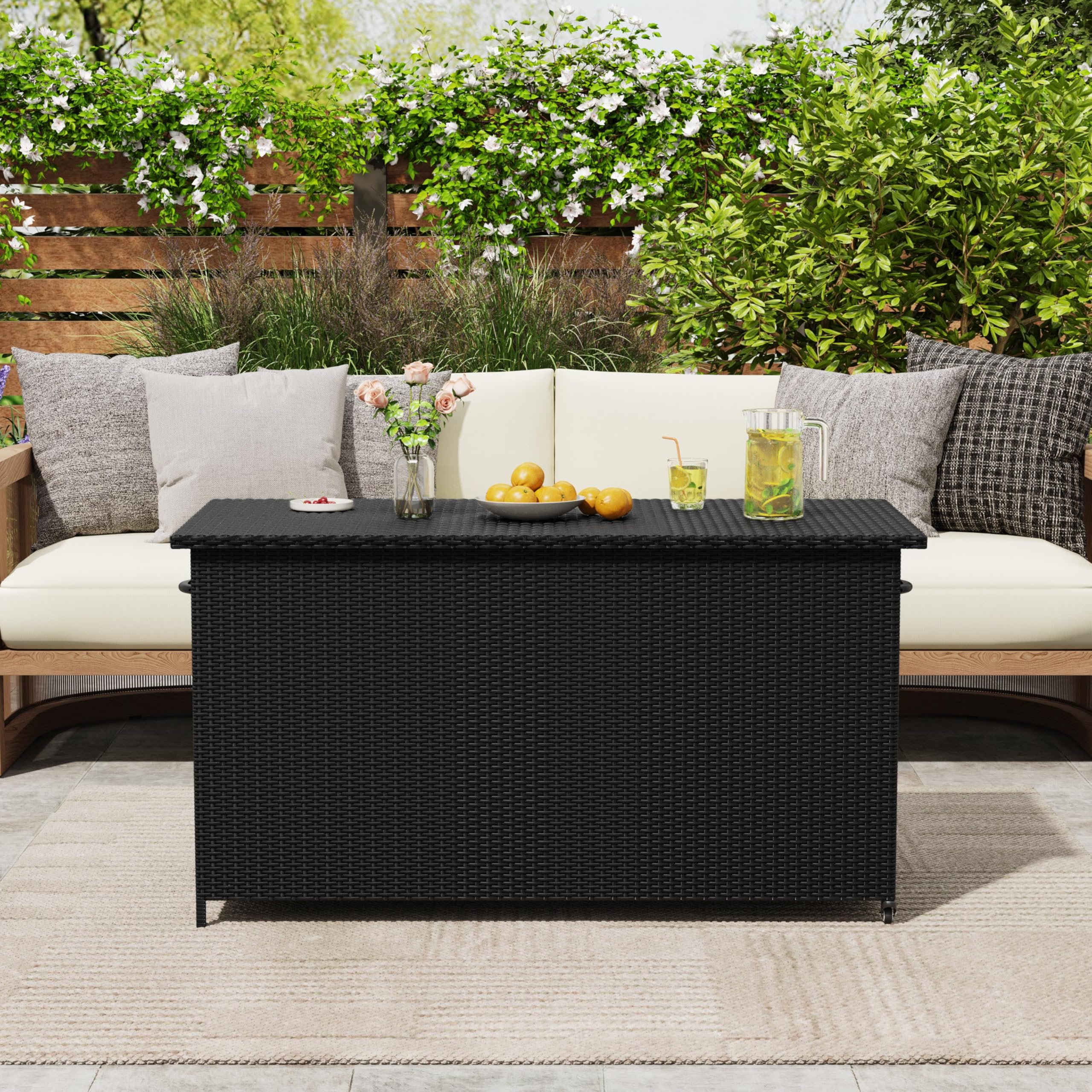 Yaheetech PE-Rattan Gartenbox Auflagenbox mit Rollen & Deckel, 650 L Großer Stauraum, Aufbewahrungsbox XXL Wetterfest inkl.Handgriffe für Garten, Terrasse und Balkon, 150×77×76,5 cm, Schwarz