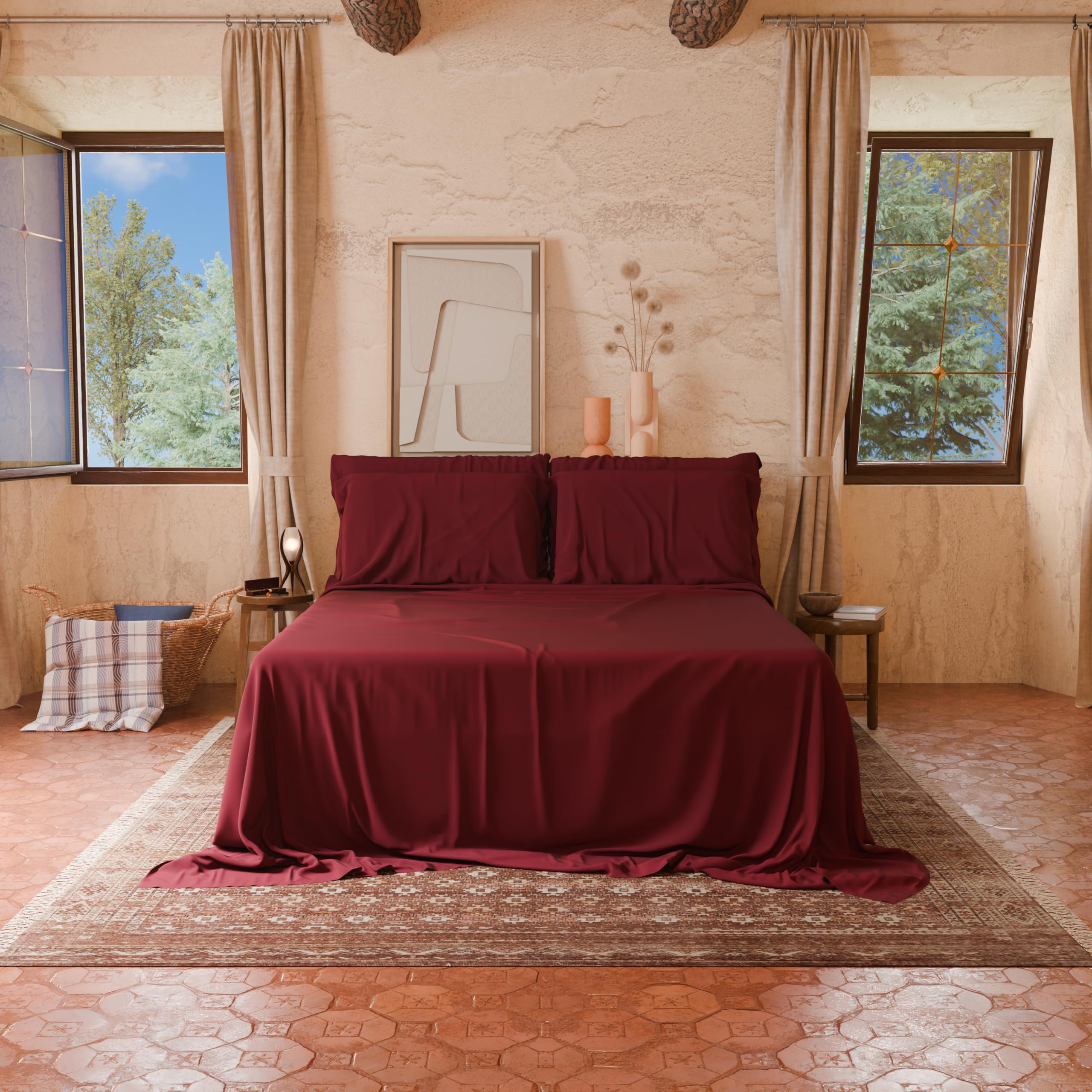 PETTI Artigiani Italiani - Komplet pościeli, prześcieradło bordowe, 180 x 200 cm, prześcieradło perkalowe, 100% bawełna perkalowa, Made in Italy