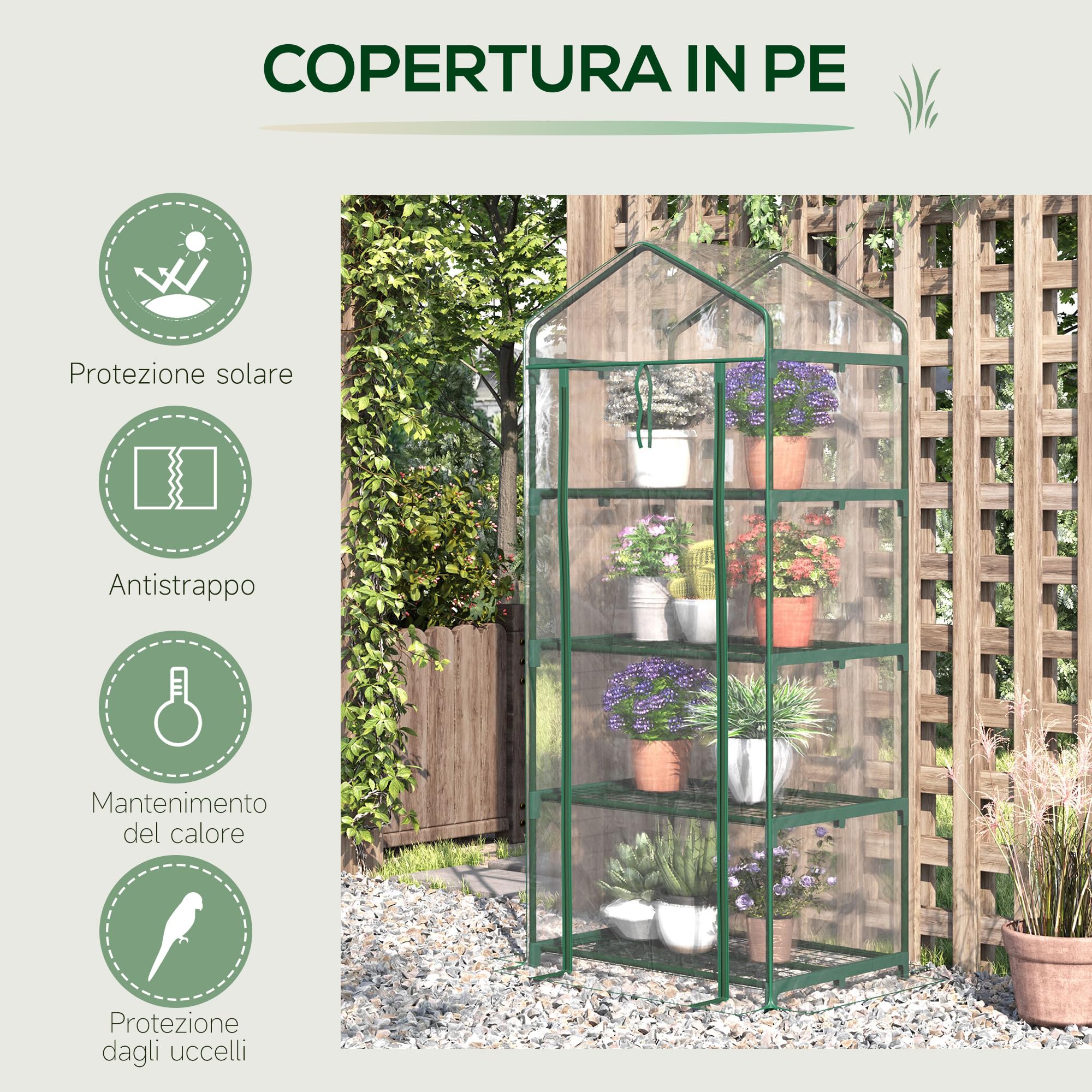 Outsunny Serra da Balcone Compatta con 4 Ripiani per Piante, Serra da Giardino con Copertura in PVC Trasparente, 70x50x160cm