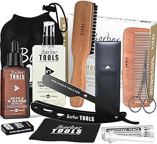 Coffret barbe et rasage pour homme | Huile , gel transparent, Rasoir coupe choux, brosse, peigne , ciseaux, pochette de rangement - Kit d'accessoires