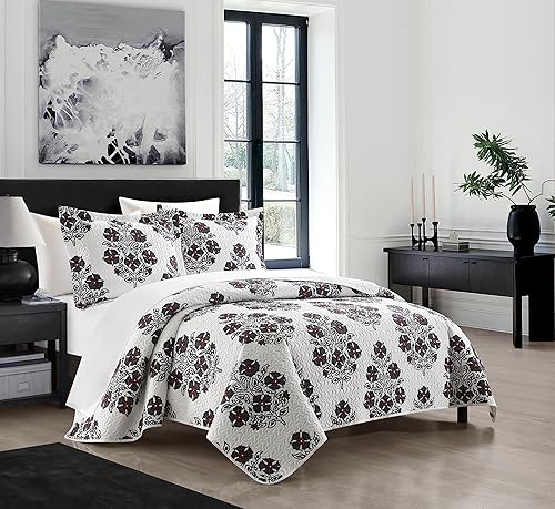 Miniatura 2 de Chic Home Morris - Juego de edredón de 3 piezas con diseño de medallón floral a gran escala, fundas de almohada incluidas, tamaño King, color gris