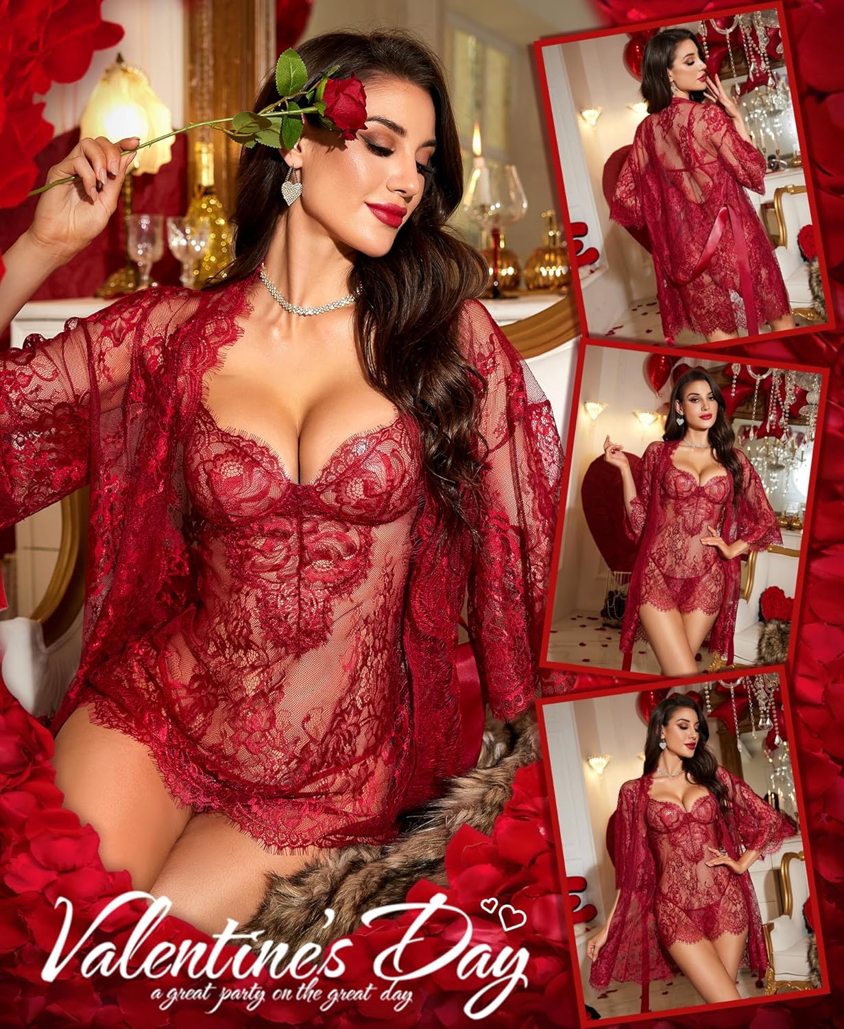 RSLOVE Lingerie Sets for Women Sexy - 3 Piece Babydoll Lace Kimono Robe Chemise Nightwear Exotic Sleepwear Mesh Nightgown - Image 4