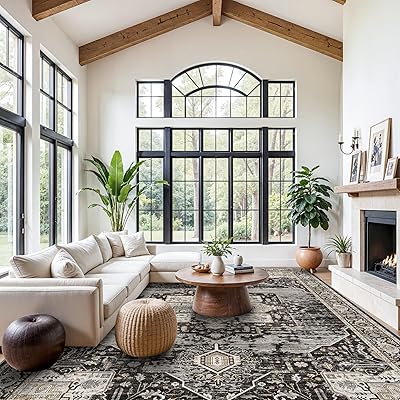 RUUGME Washable 10x14 Area Rug - Soft Area Rugs for Living Room Stain Resistant Carpet Vintage Lightweight Rugs for Bedroom with Non Slip Backing Indoor Ultra-Thin Rugs Home Decor 10x14 Black