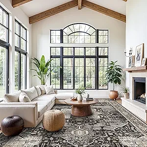 Living Room 12x18 Area Rug - Large Washable Area Rugs with Non Slip Backing Stain Resistant Carpet Indoor Soft Carpets Distressed Decoration Mat for Bedroom Dining Room 12x18 Black