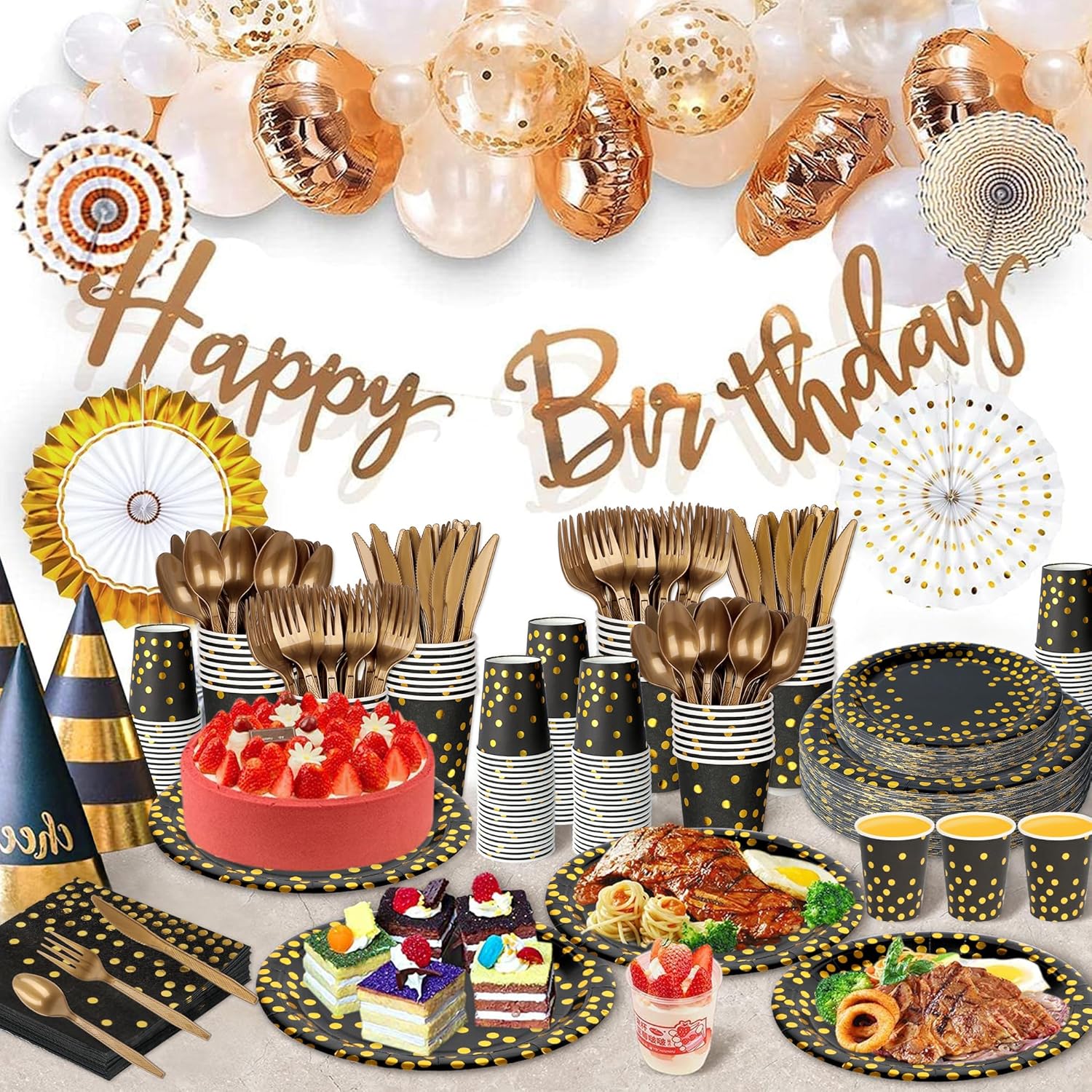 176 PCS Black Gold Party Dinnerware Set Black Golden Dot Disposable Dinnerware Plate Napkins Cups Gold Plastic Forks Knives Spoons Tablecloth Party Supplies Birthday Graduation New Years