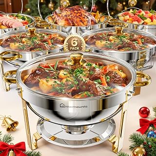 WARMOUNTS Gold Chafing Dishes for Buffet with Glass Lid (5QT, 6Pack), Round Chafers and Buffet Warmers Set with Mirror-Polished Stainless Steel, Rolled Rim, Stackable, Lid Holder for Parties, Weddings