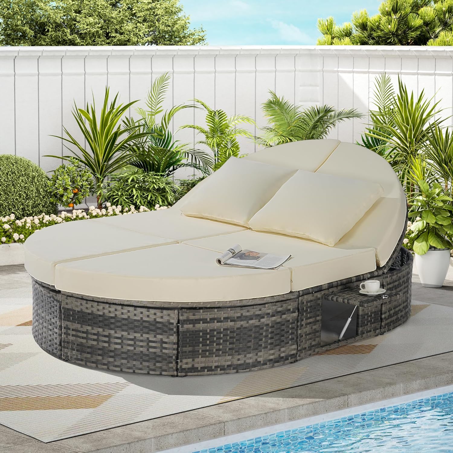 Patio Rattan Round Daybed with Storage Adjustable Backrests/Foldable Cup Trays, Outdoor Wicker Rattan Sectional Cushioned Furniture Sofa Sets, Lounge Sleeper with Washable Cushions/Storage(Beige)