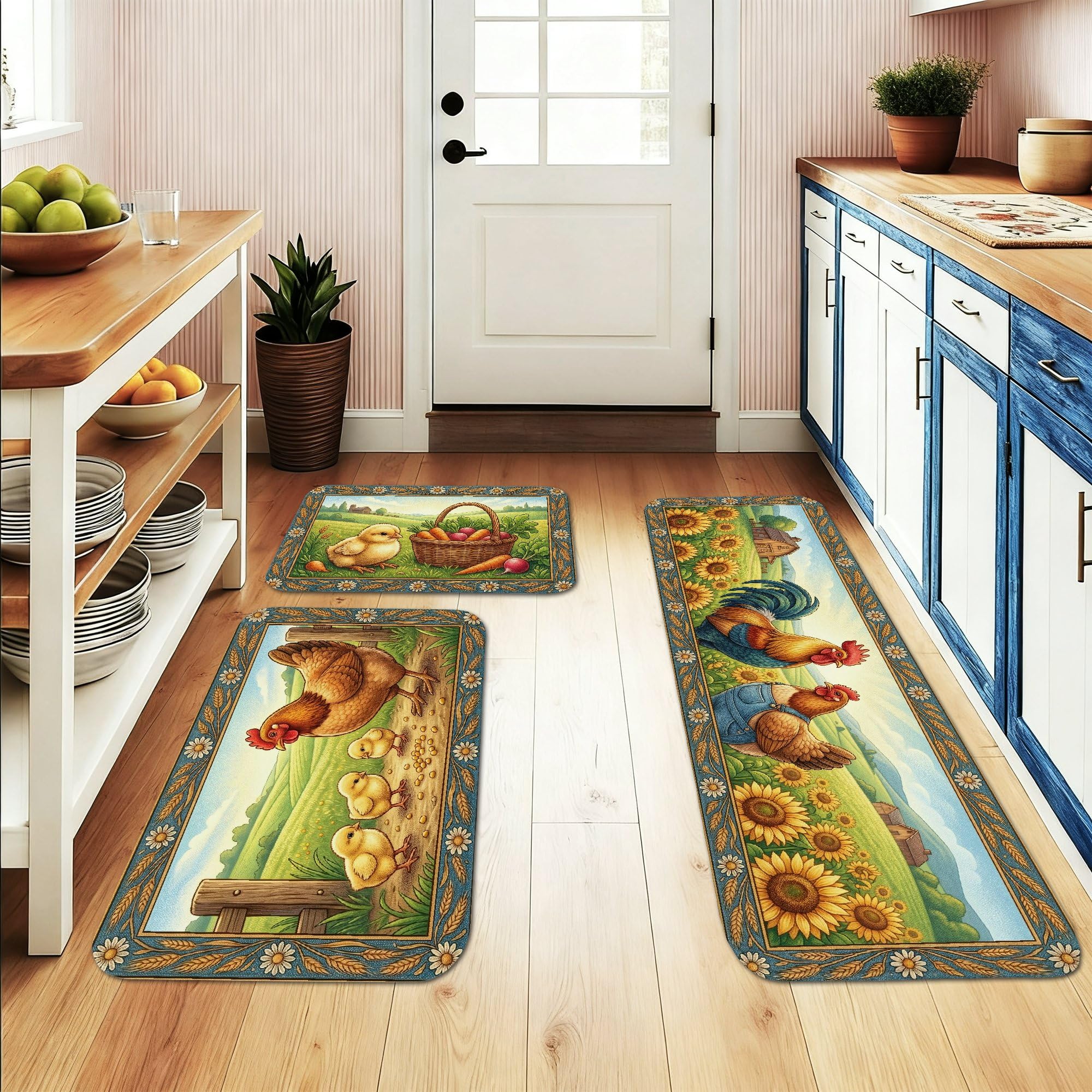 Tappetini da cucina per pavimento, motivo pollo, decorazione rustica con gallina e girasole, morbidi tappeti imbottiti a molla, comodi tappetini lavabili per lavelli da cucina, lavanderia e bagno, 3