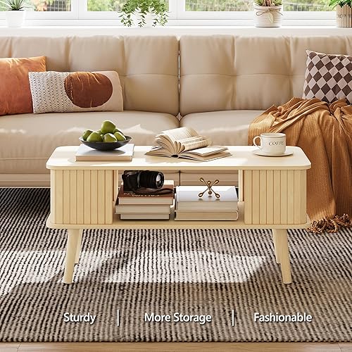 Miniatura 9 de LAZZO Mesa auxiliar con mesa central de almacenamiento para sala de estar, mesa de centro rectangular con bordes redondeados, fácil montaje, madera