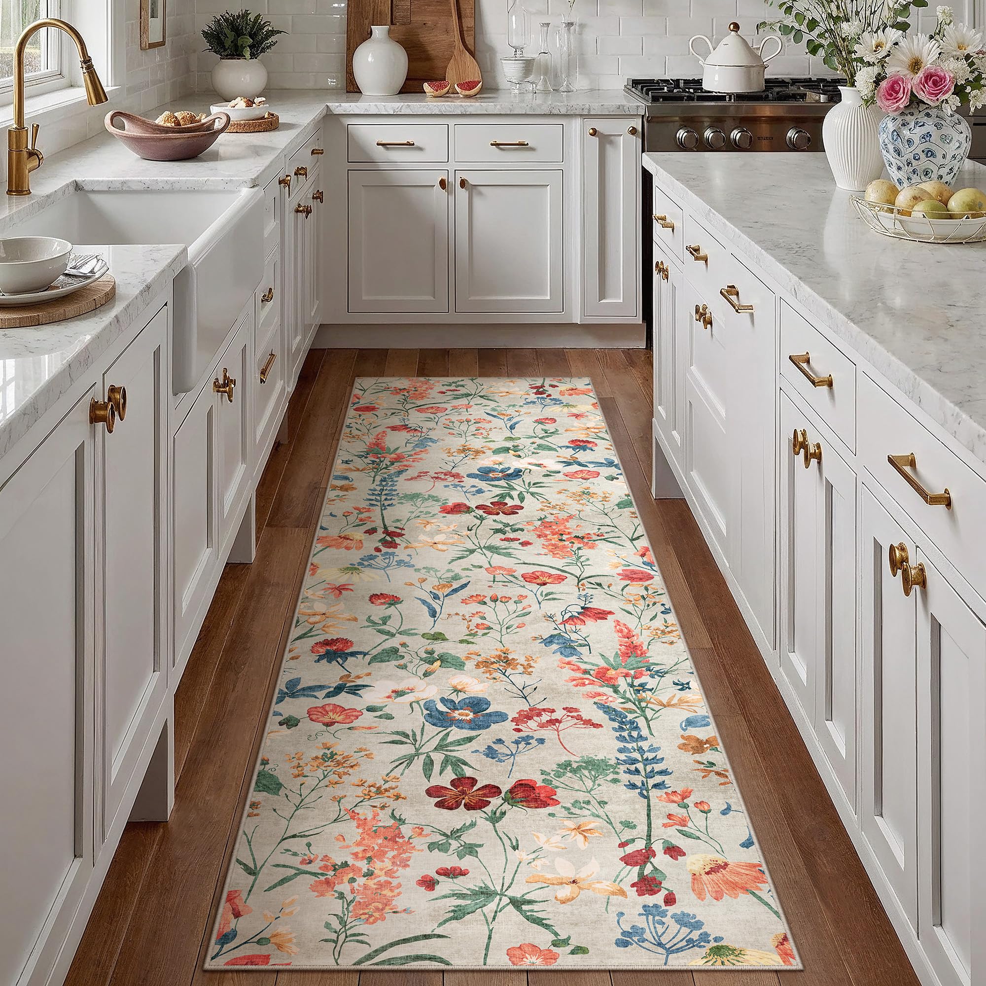 PureCozy Floral Runner Rug 2x7 Washable Hallway Long Beige Bedroom Carpet Non Slip Indoor Boho Kitchen Low Pile Accent Rug Lightweight Soft for