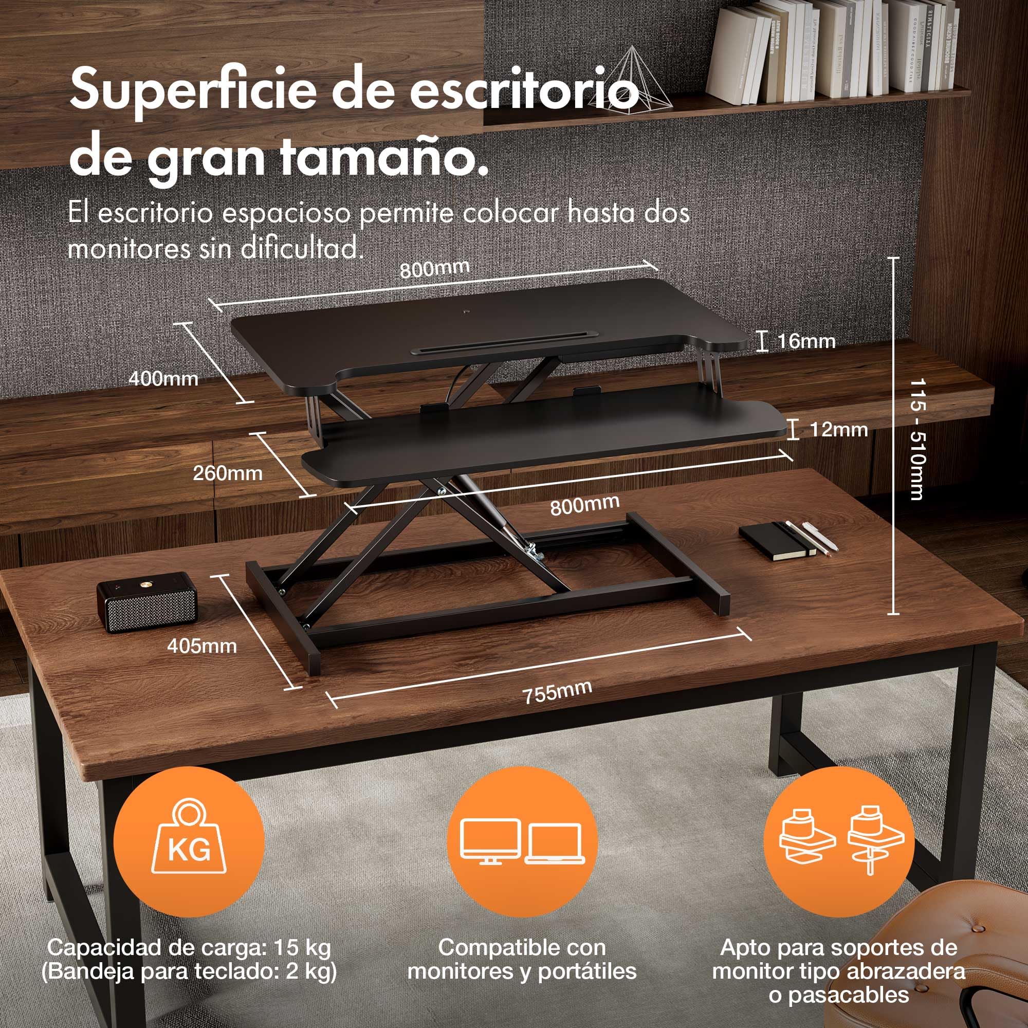VonHaus Convertidor de Escritorio de Pie, Estación de Trabajo de Computadora Ajustable en Altura con Estante para Teclado, Elevador de Escritorio con Soporte para Tableta (Negro)