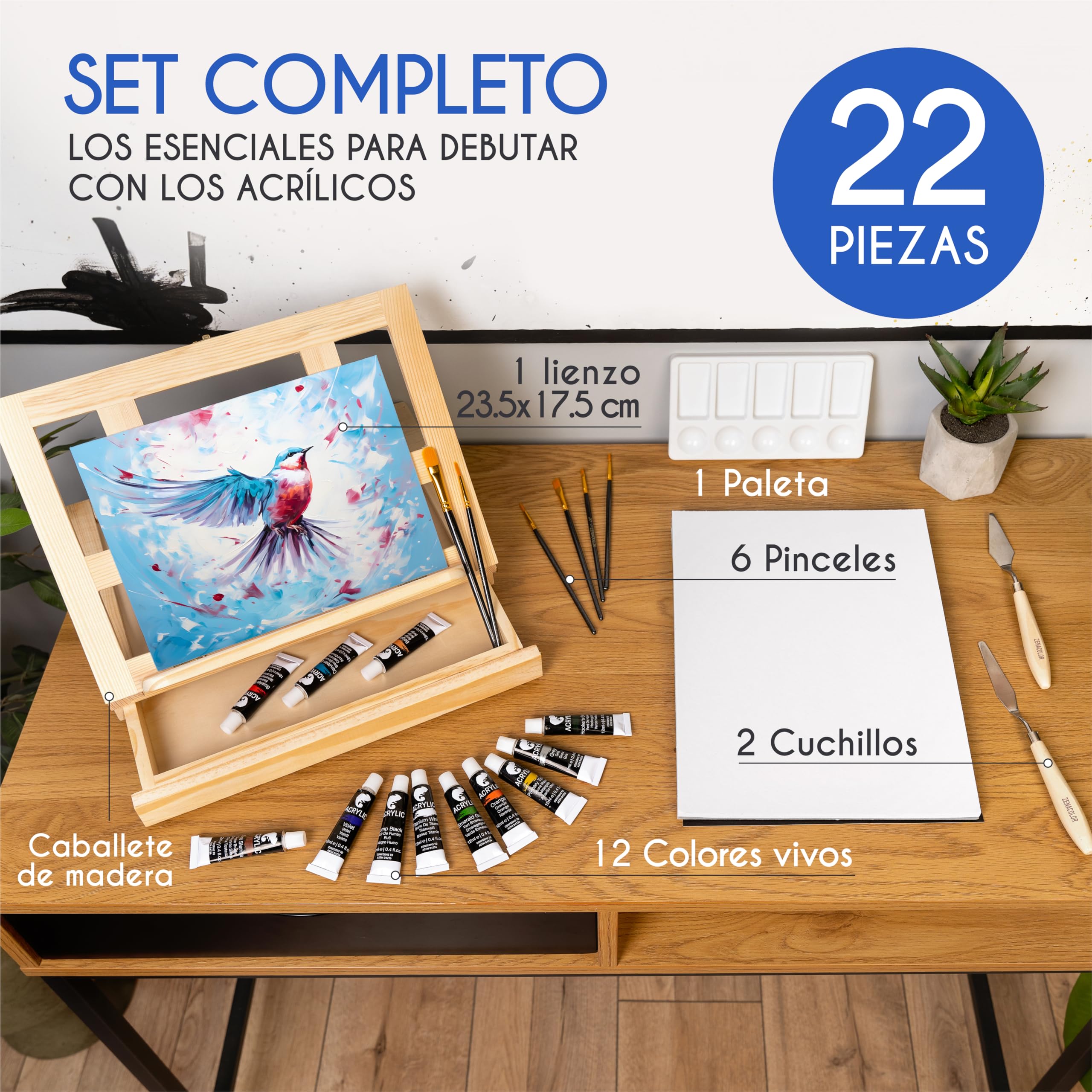 Kit Pintura con 22 piezas - 12 Tubos de Pintura Acrílica, 6 Pinceles de Pintura, Lienzo de Pintura, 2 Espátulas y Paleta de Pintura
