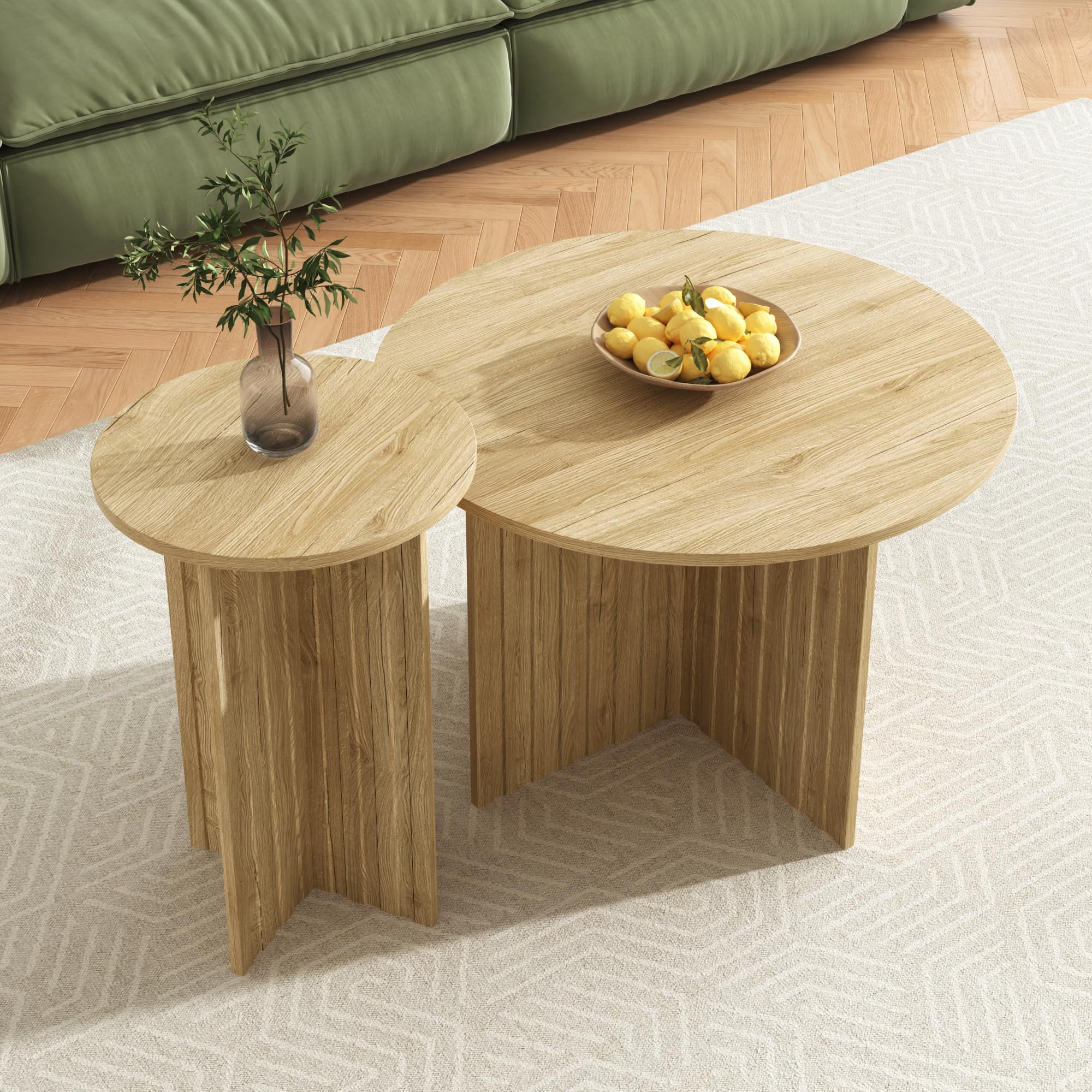Moderno juego de mesa nido de madera de 2 piezas – Mesas de centro redondas y mesas de café con diseño escandinavo, ahorro de espacio y versátil (natural)