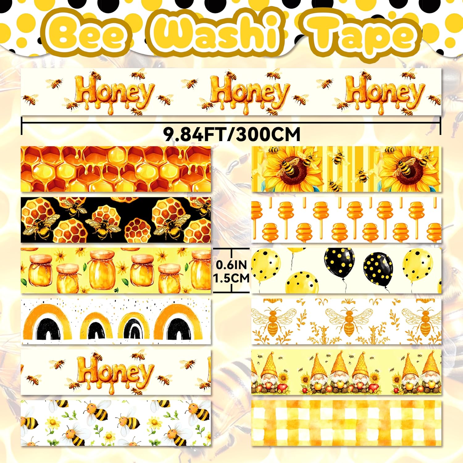 Bee Washi Tape Set, 12 Rolls Honeycomb Decorative Tape Yellow White Black Masking Tape for Journaling Supplies, Junk Journal, Scrapbooking, DIY Arts & Crafts, Gift Wrapping
