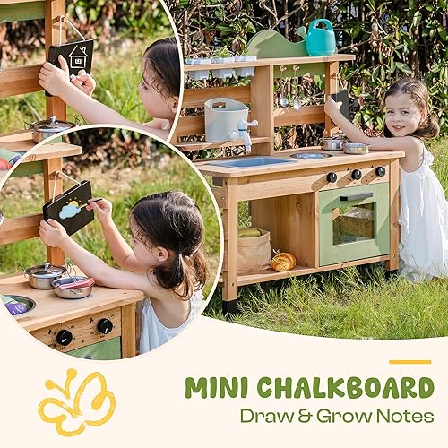 Miniatura 4 de ROBOTIME Cocina de barro, cocina de juego al aire libre para niños, juego de cocina de barro de madera con fregadero extraíble y pizarra, accesorios