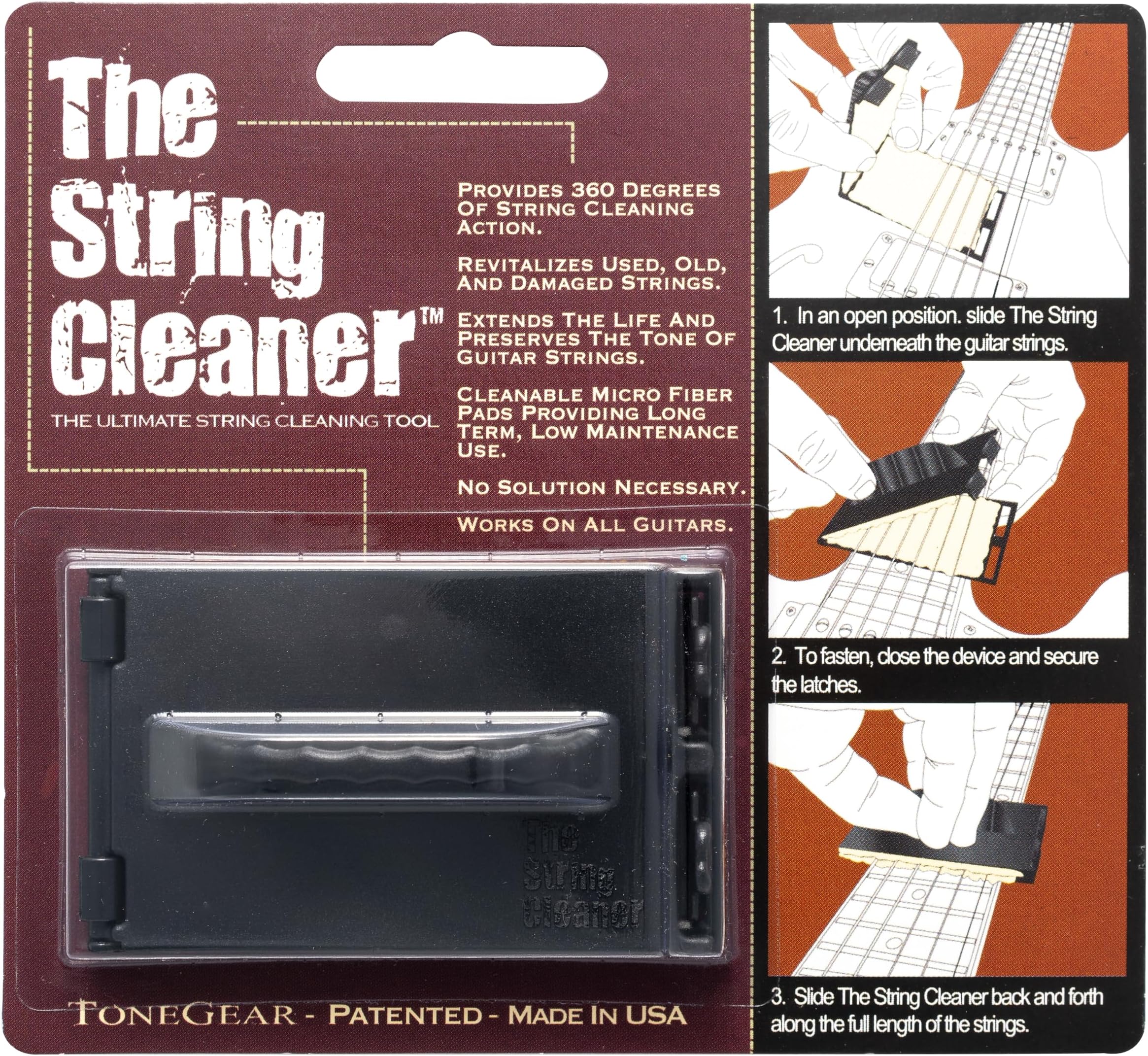 Guitar String Cleaner - The Original 360 Degree Scrubber & Maintenance Tool for Acoustic Guitar and Electric Guitar - Cleanable Microfiber Pads - No Solution Needed