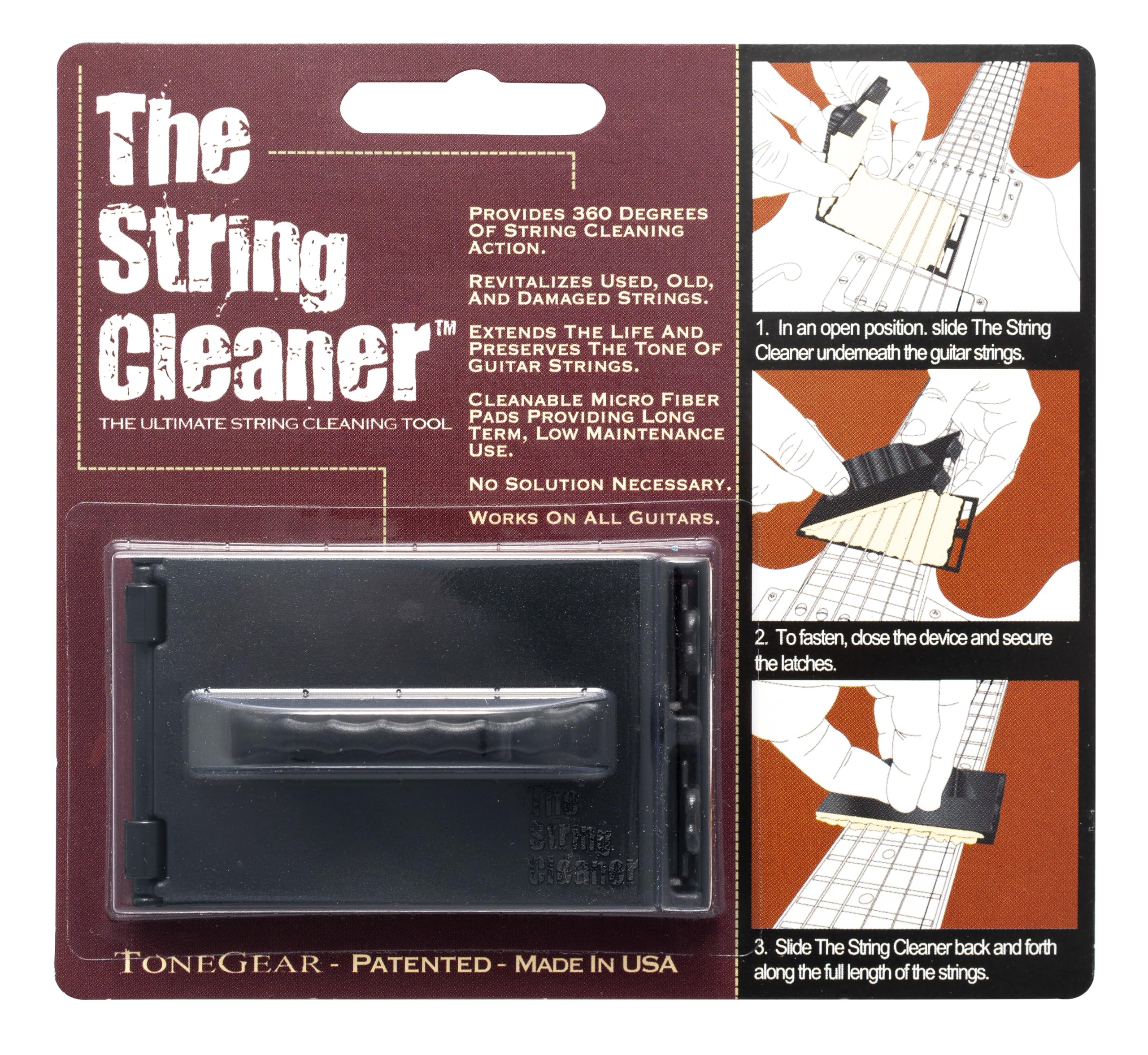 Guitar String Cleaner - The Original 360 Degree Scrubber & Maintenance Tool for Acoustic Guitar and Electric Guitar - Cleanable Microfiber Pads - No Solution Needed